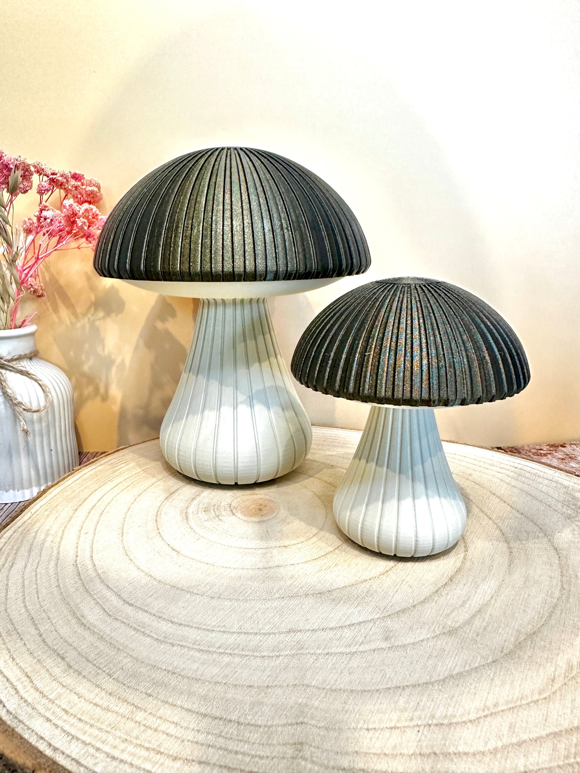 Decoratieve paddenstoel – Stijlvolle herfstdecoratie met gegroefde textuur | Middernachtgoud, bamboegroen of roze | Klein, groot of als duo