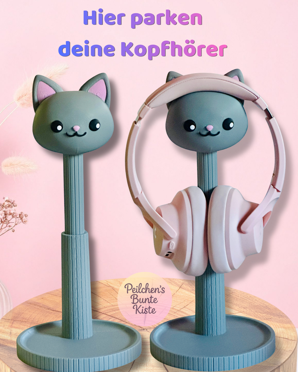 Katzen-Kopfhörerständer höhenverstellbar – Niedlicher Headset-Halter für kleine & große Kopfhörer | Geschenk für Katzenfans