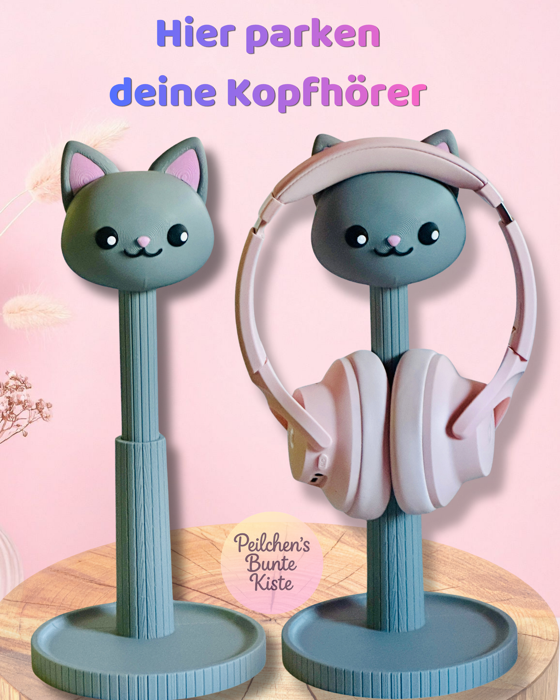 Katzen-Kopfhörerständer höhenverstellbar – Niedlicher Headset-Halter für kleine & große Kopfhörer | Geschenk für Katzenfans