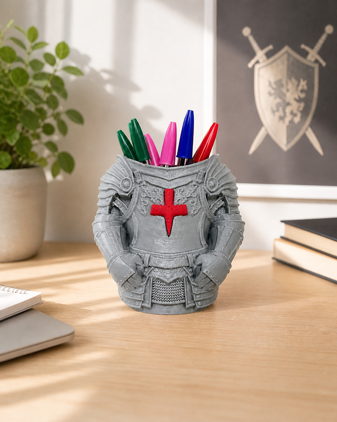 Ritter Rüstung Stiftehalter mit Kreuz – Fantasy Schreibtisch Organizer Geschenk für Ritterfans