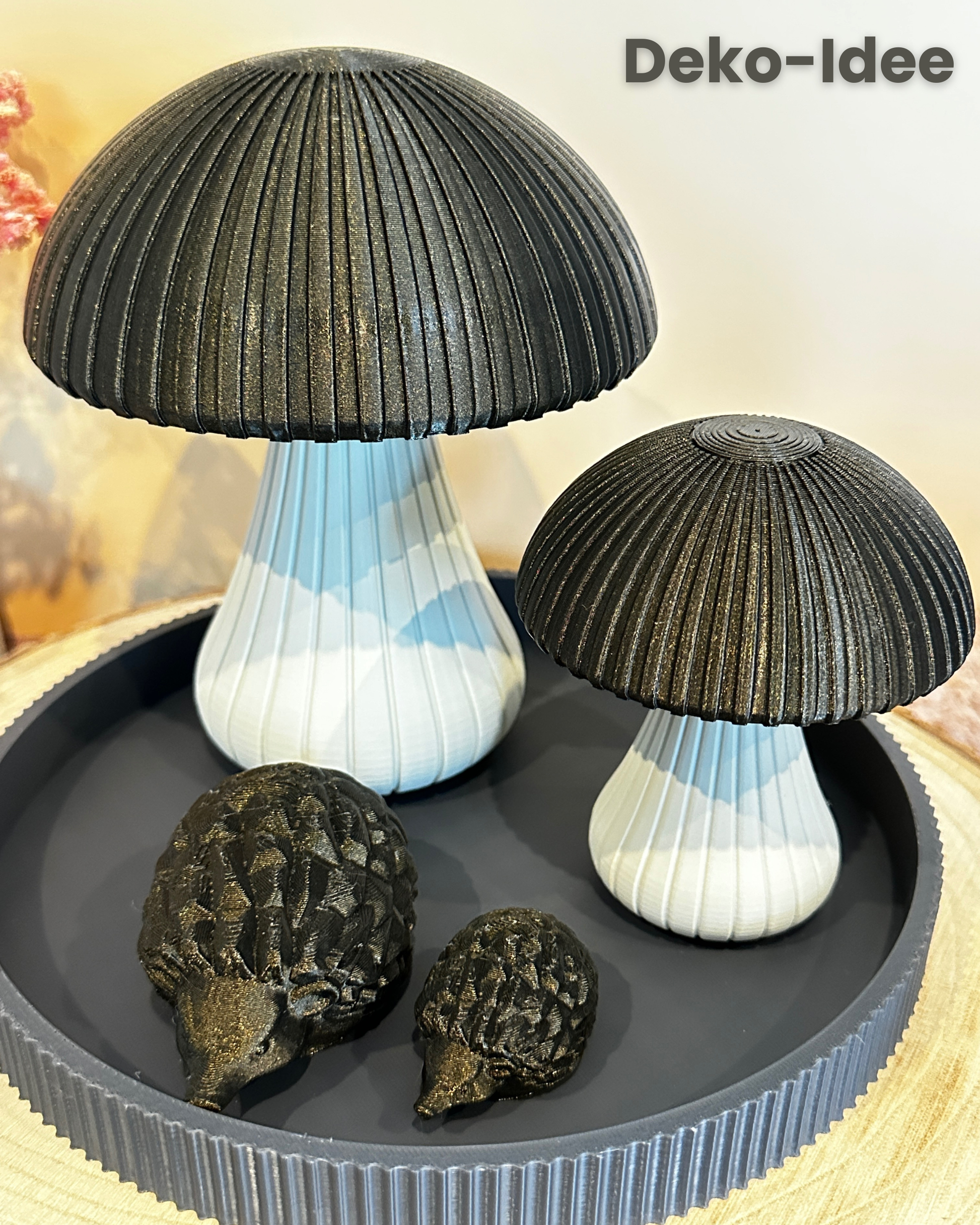 Decoratieve paddenstoel – Stijlvolle herfstdecoratie met gegroefde textuur | Middernachtgoud, bamboegroen of roze | Klein, groot of als duo