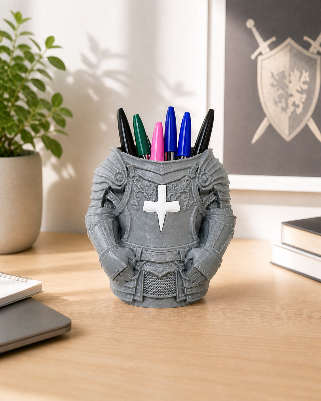 Ritter Rüstung Stiftehalter mit Kreuz – Fantasy Schreibtisch Organizer Geschenk für Ritterfans