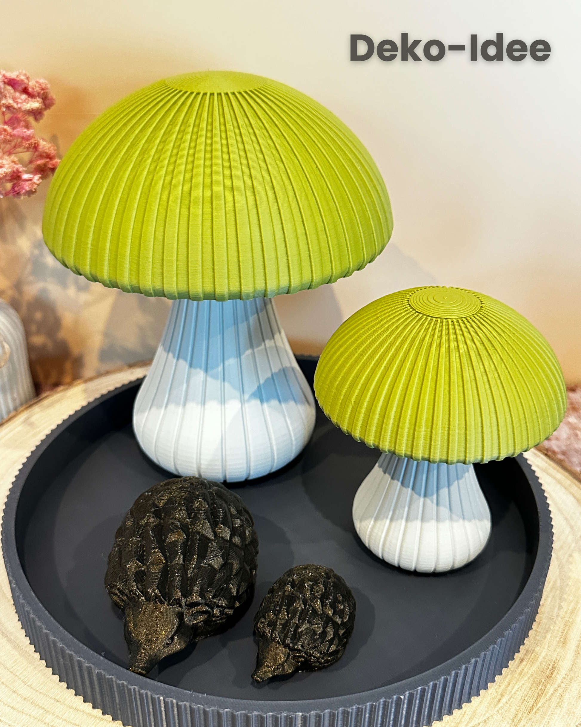 Decoratieve paddenstoel – Stijlvolle herfstdecoratie met gegroefde textuur | Middernachtgoud, bamboegroen of roze | Klein, groot of als duo