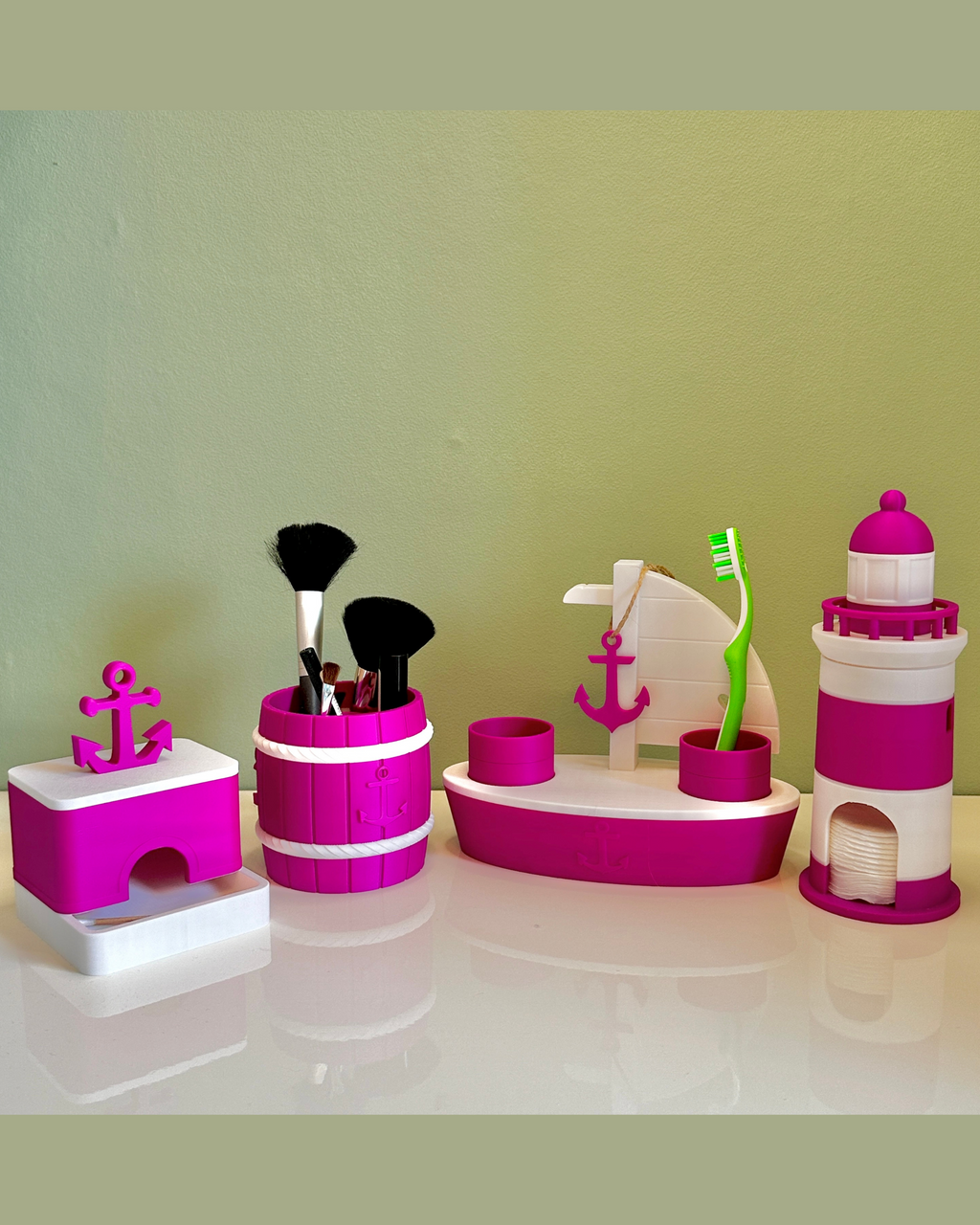 Nautische badkamerset – schip en vuurtoren in magenta