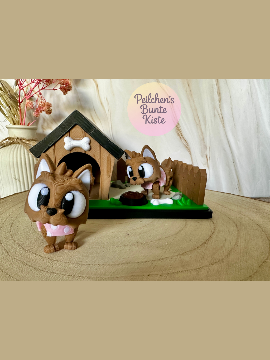 Mini-diorama "Yorkshire Terrier in de tuin" – schattige hondendecoratie met kennel en voerbak | Cadeau voor hondenliefhebbers