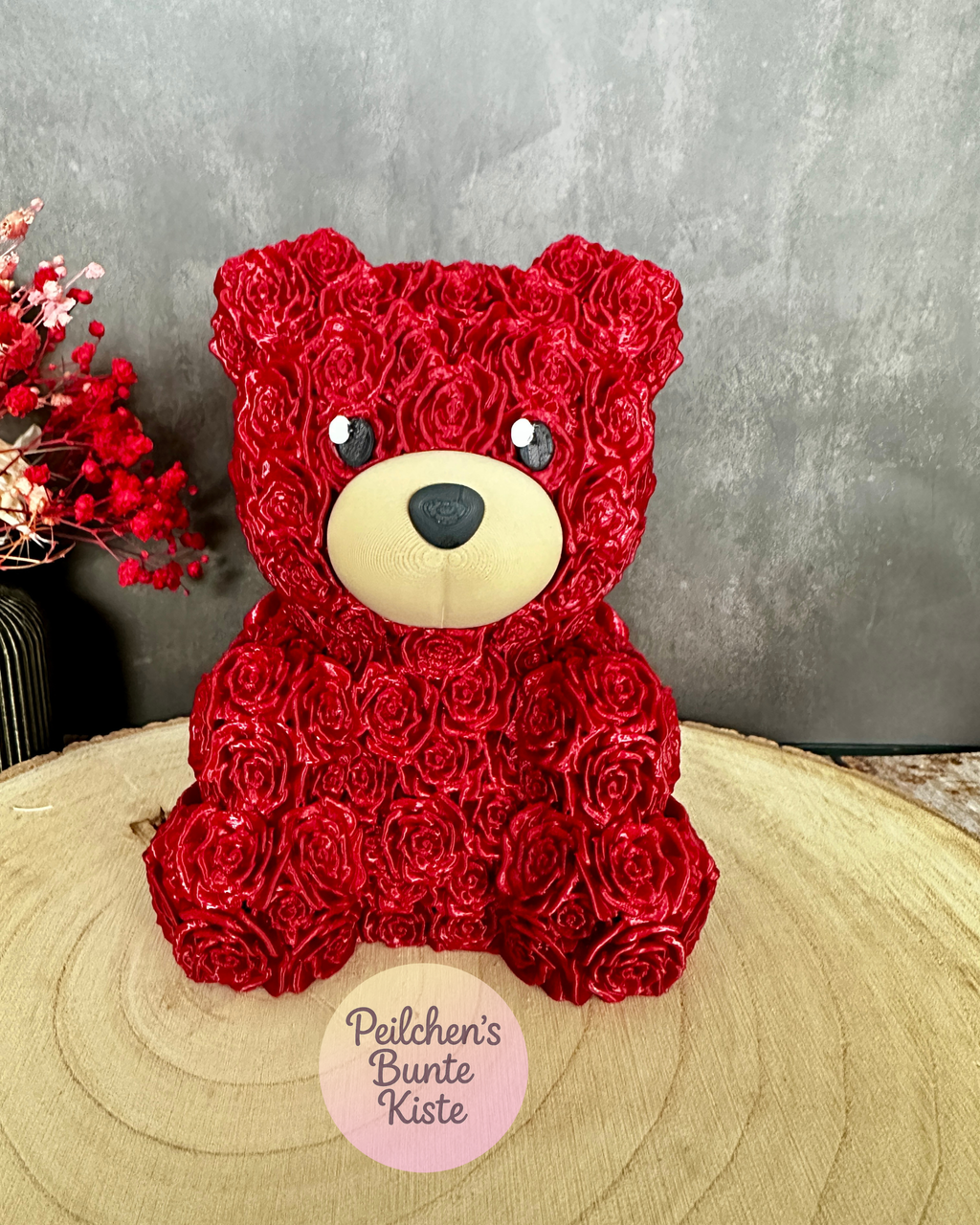 Rosenbär mit Rosenstruktur – einzeln oder als Set mit Herzschatulle | Valentinstagsgeschenk