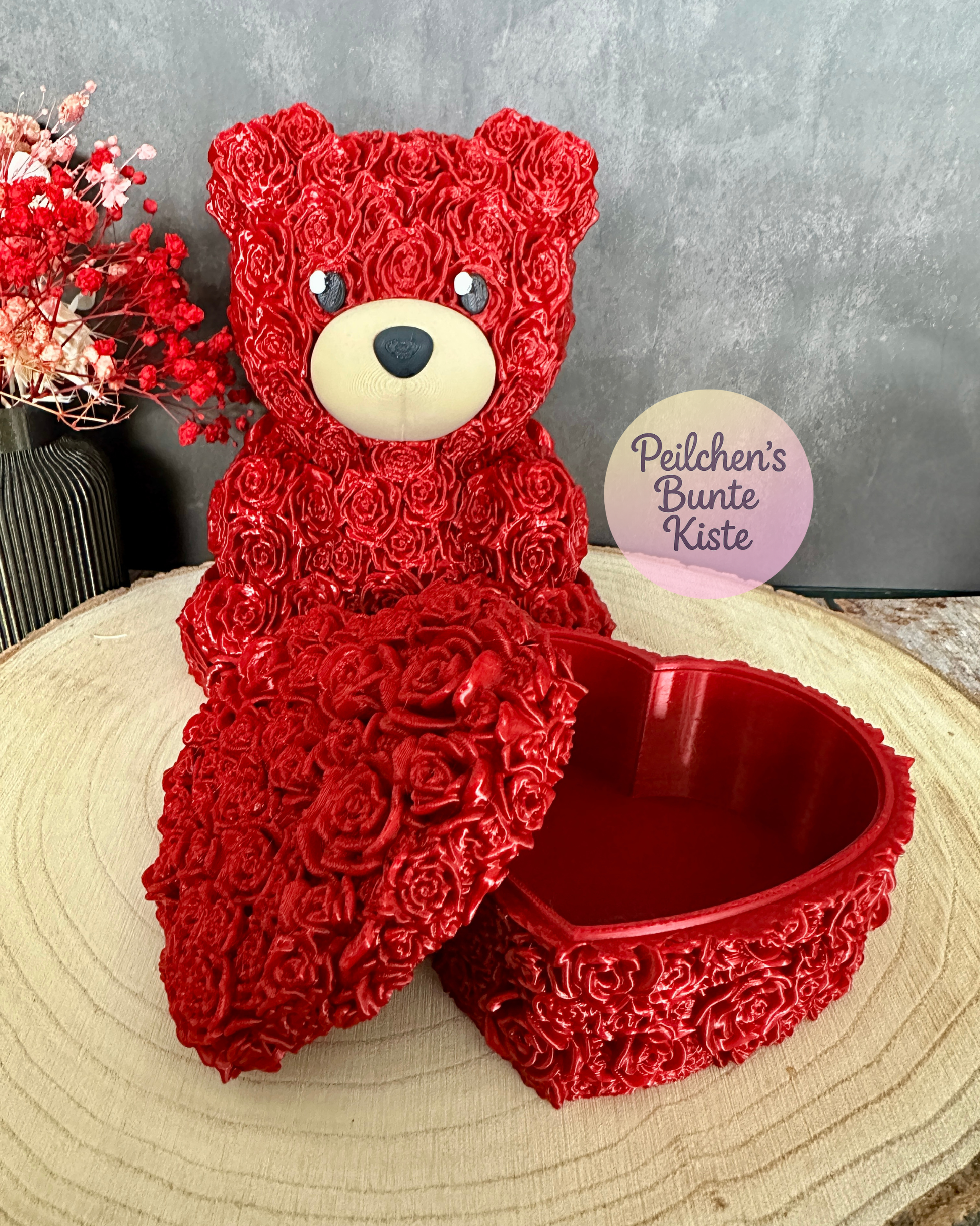 Rosenbär mit Rosenstruktur – einzeln oder als Set mit Herzschatulle | Valentinstagsgeschenk