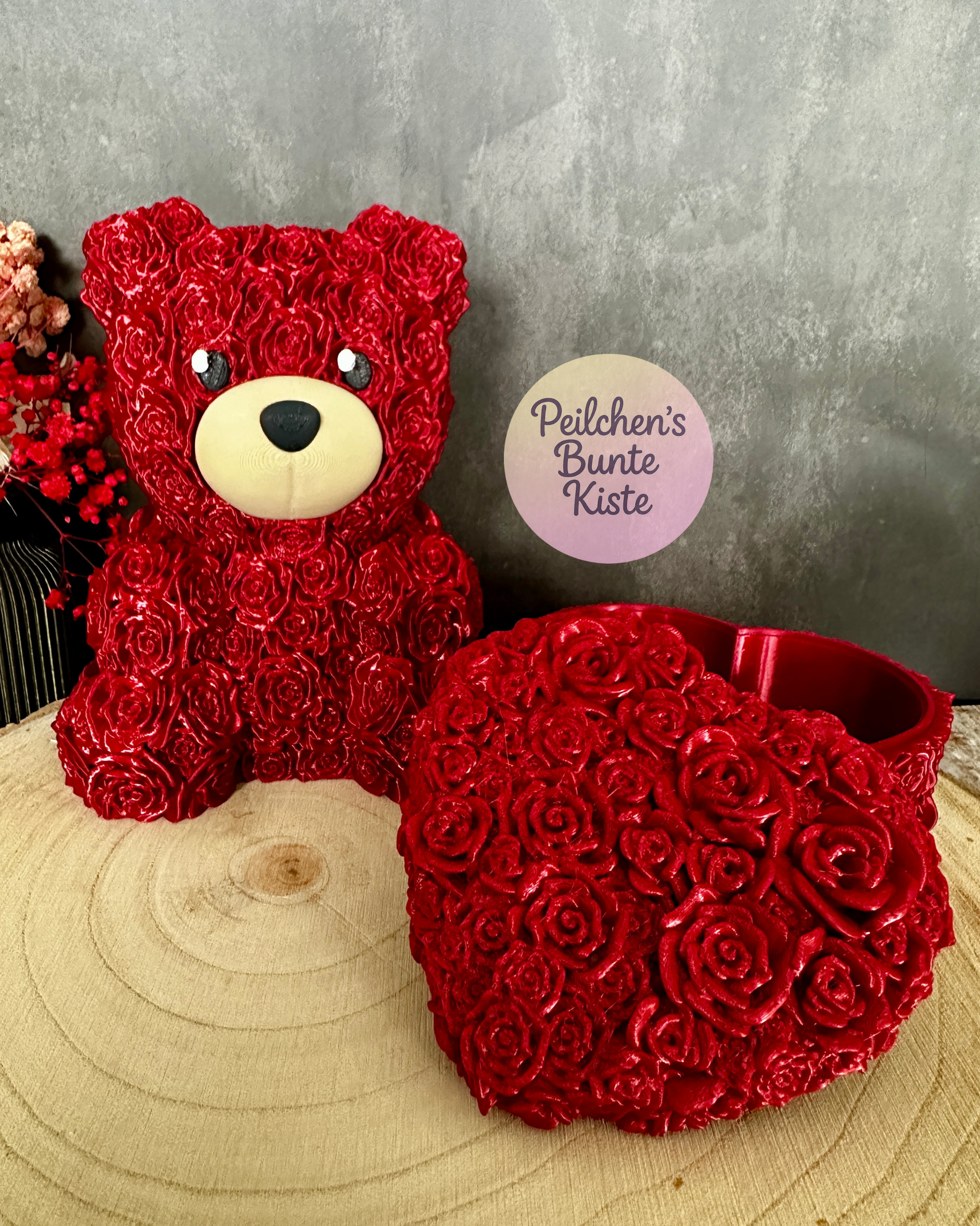 Rosenbär mit Rosenstruktur – einzeln oder als Set mit Herzschatulle | Valentinstagsgeschenk