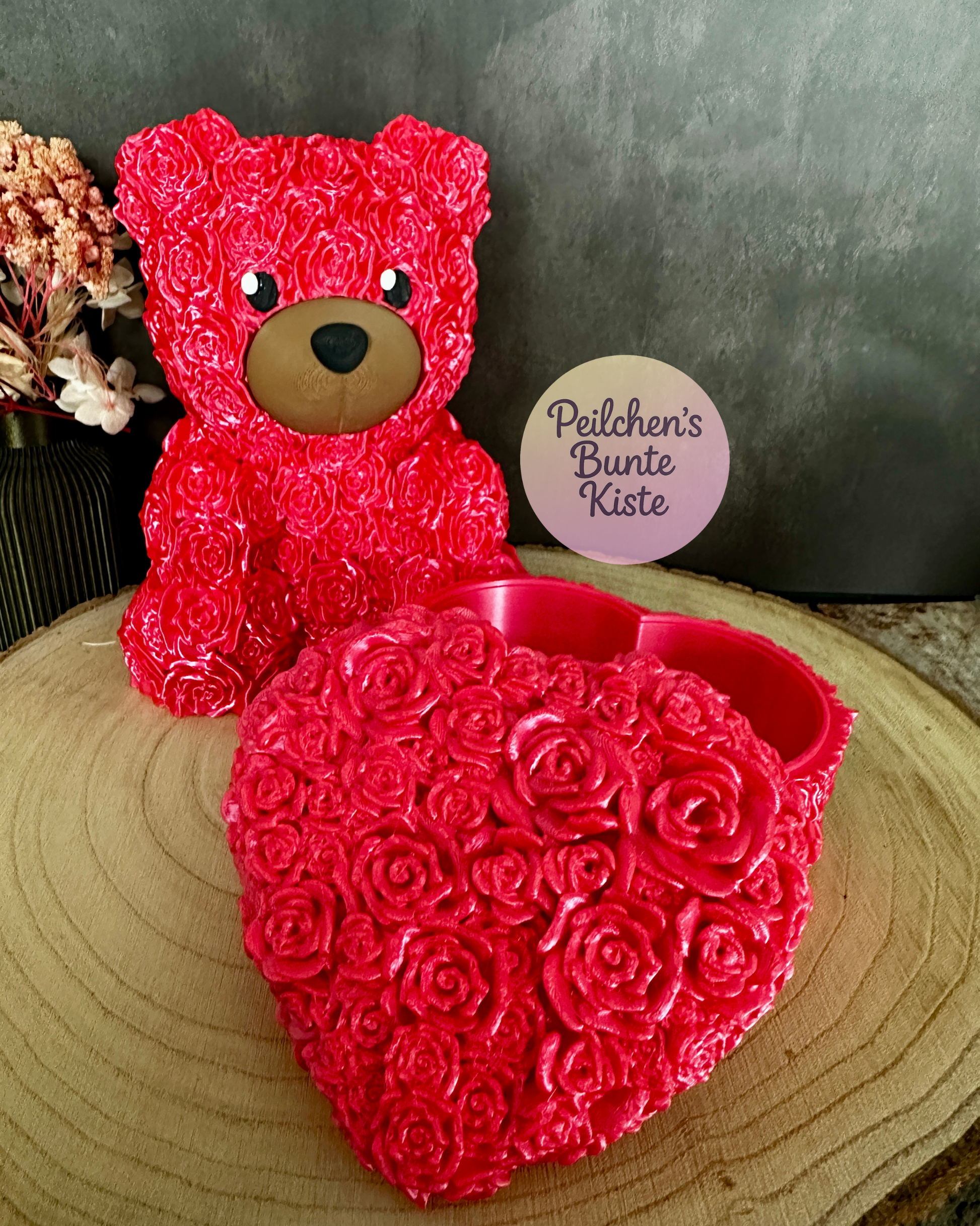 Rosenbär mit Rosenstruktur – einzeln oder als Set mit Herzschatulle | Valentinstagsgeschenk