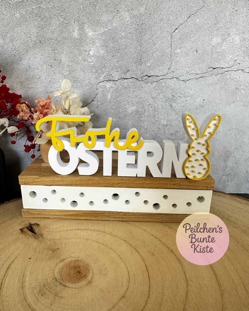 Frohe Ostern Schriftzug mit Häschen – moderne Osterdeko zum Hinstellen