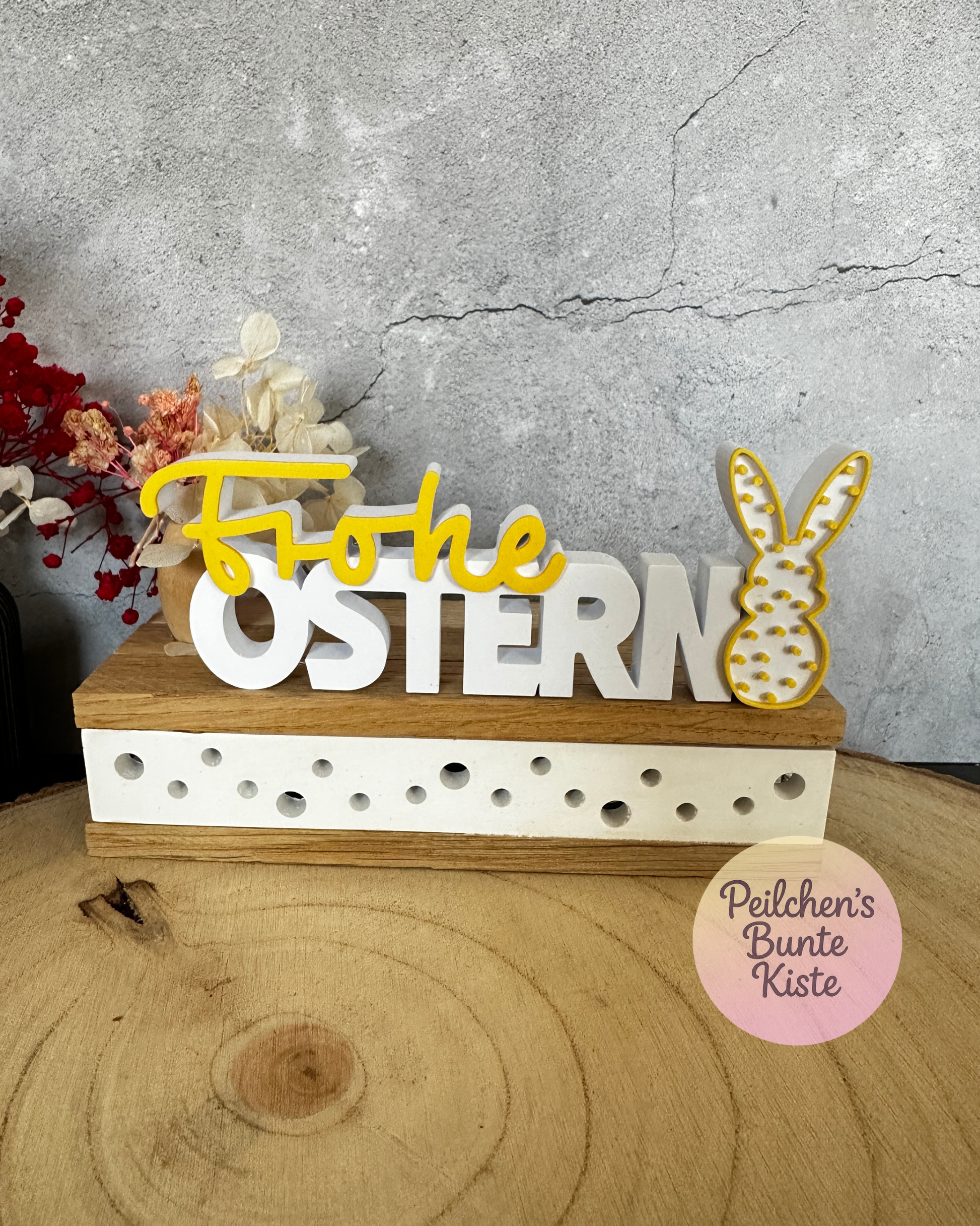 Frohe Ostern Schriftzug mit Häschen – moderne Osterdeko zum Hinstellen