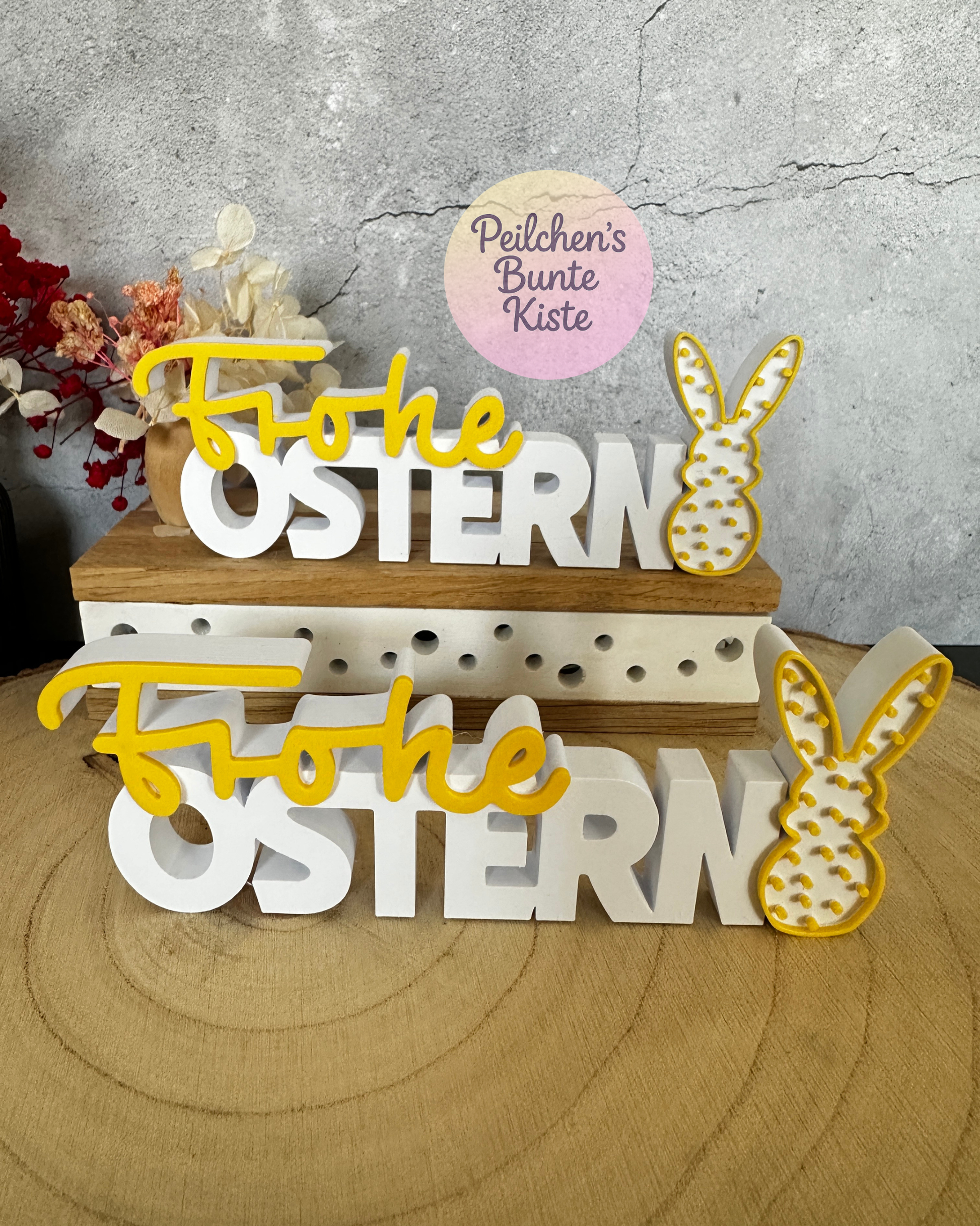 Frohe Ostern Schriftzug mit Häschen – moderne Osterdeko zum Hinstellen