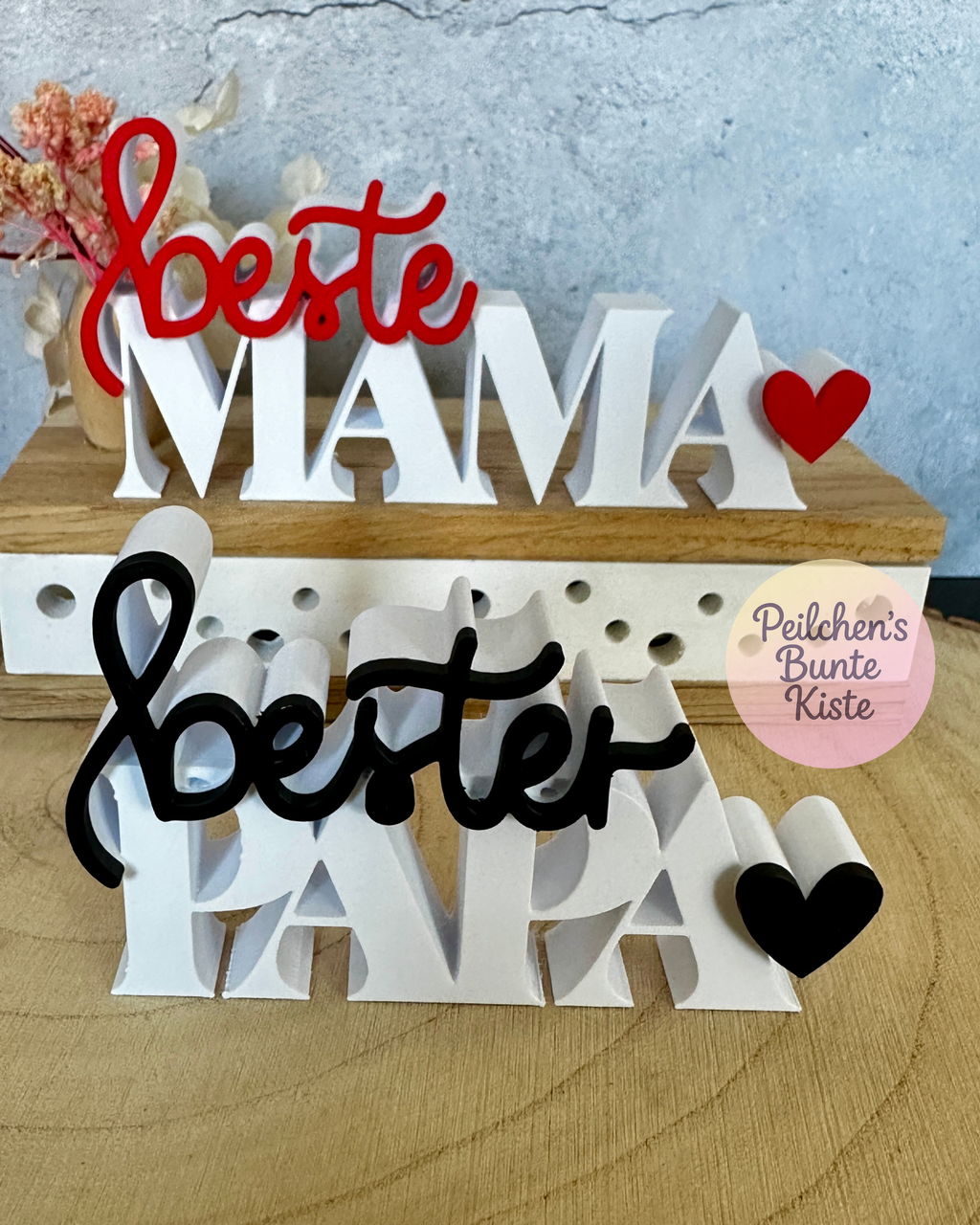 Beste Mama / Bester Papa – liebevoller Deko Schriftzug mit Herz