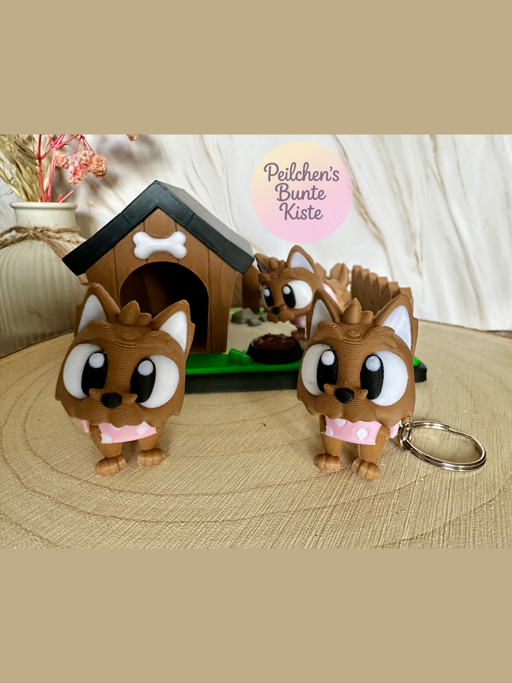 Mini-diorama "Yorkshire Terrier in de tuin" – schattige hondendecoratie met kennel en voerbak | Cadeau voor hondenliefhebbers