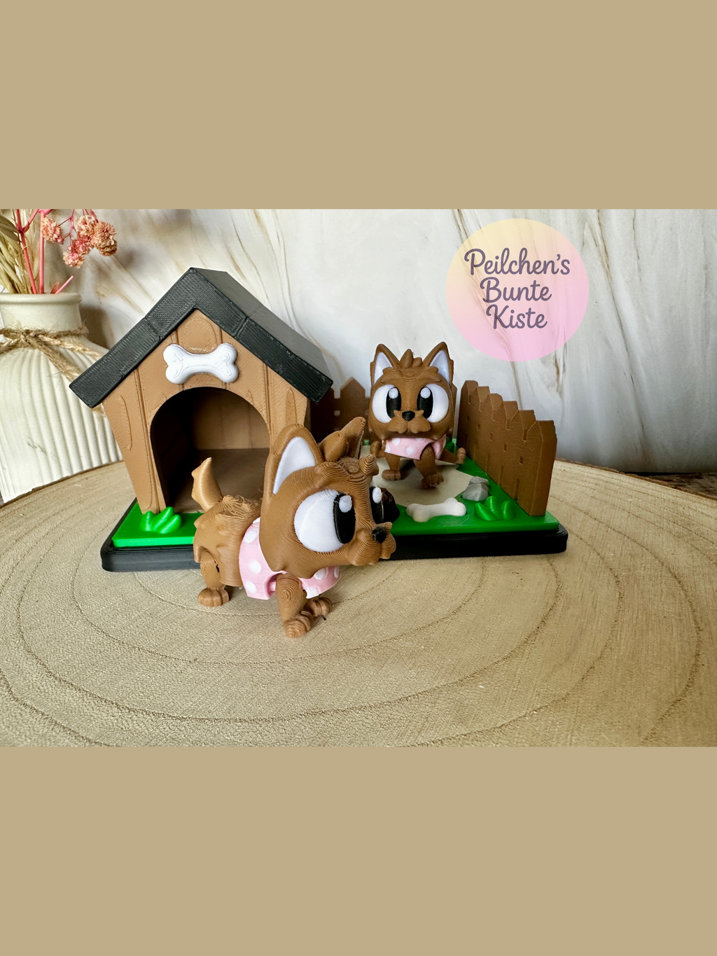Mini-diorama "Yorkshire Terrier in de tuin" – schattige hondendecoratie met kennel en voerbak | Cadeau voor hondenliefhebbers