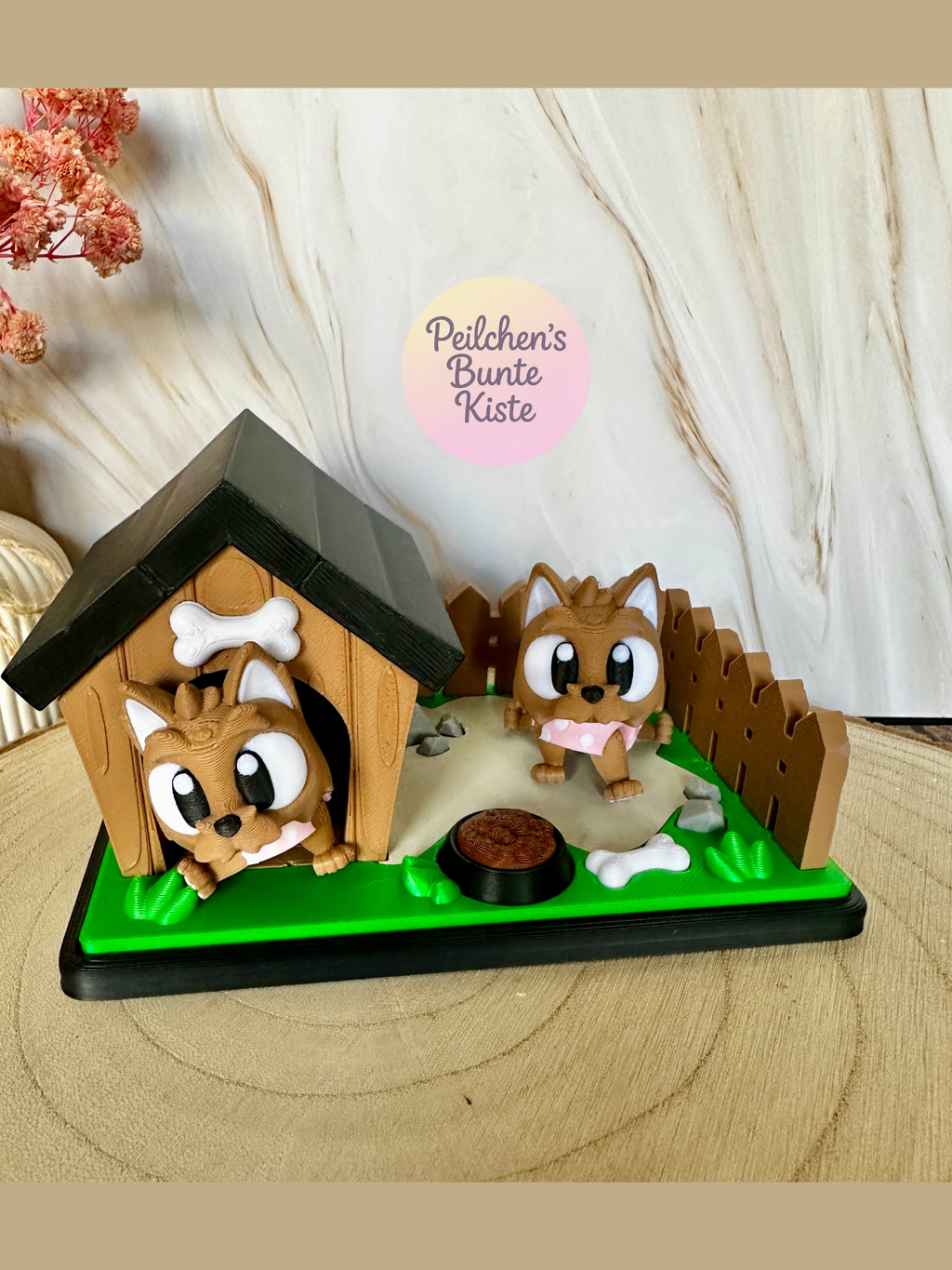 Mini-diorama "Yorkshire Terrier in de tuin" – schattige hondendecoratie met kennel en voerbak | Cadeau voor hondenliefhebbers