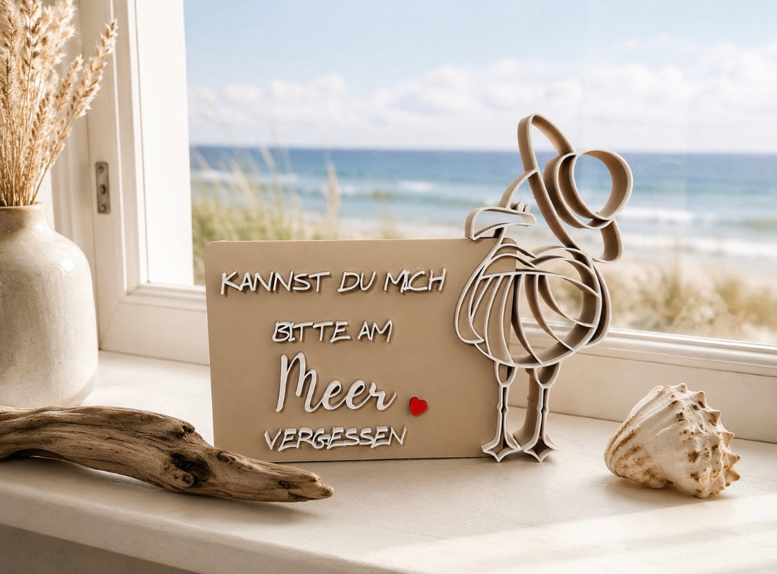 Maritimes Deko-Schild „Kannst du mich bitte am Meer vergessen“ – Möwe mit Hut – Geschenk für Meerliebhaber – Küstendeko – Ferienwohnung