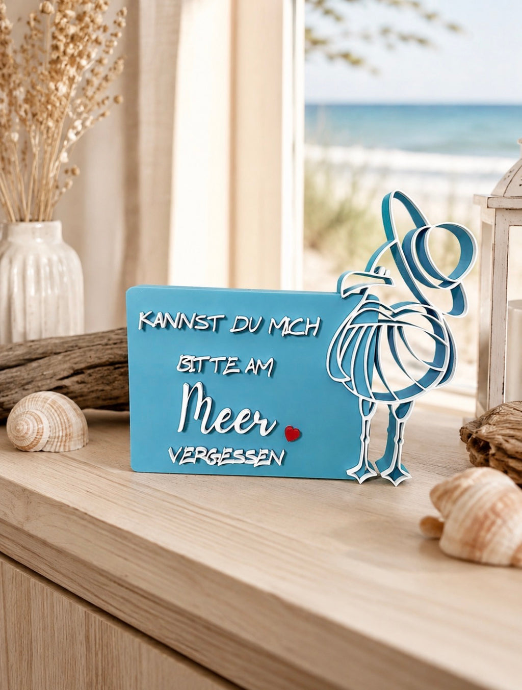 Maritimes Deko-Schild „Kannst du mich bitte am Meer vergessen“ – Möwe mit Hut – Geschenk für Meerliebhaber – Küstendeko – Ferienwohnung