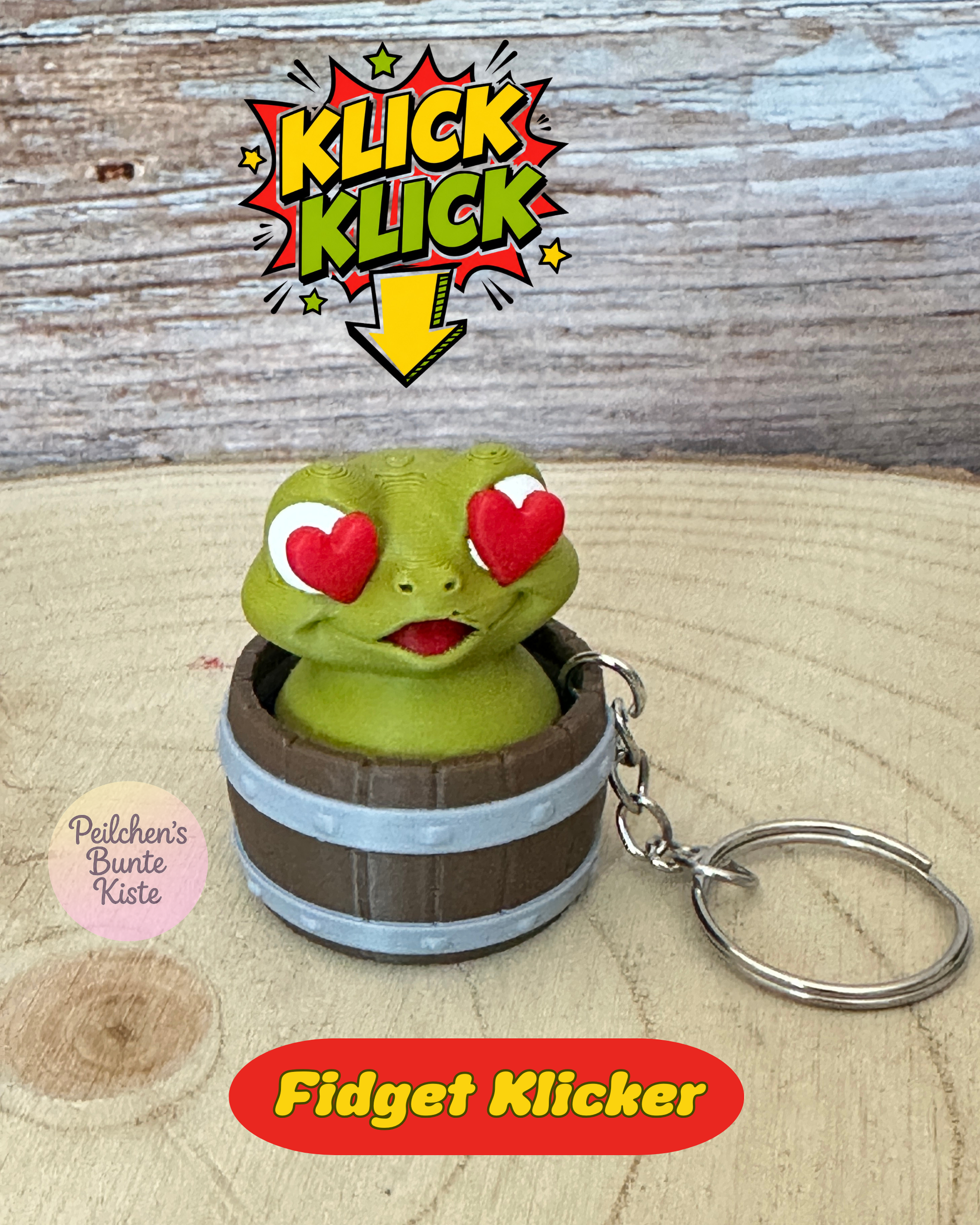 Frosch im Fass – Fidget Clicker Schlüsselanhänger | Klickender Frosch in 3 Varianten