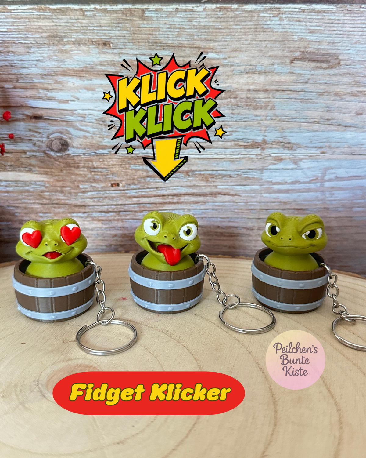 Frosch im Fass – Fidget Clicker Schlüsselanhänger | Klickender Frosch in 3 Varianten