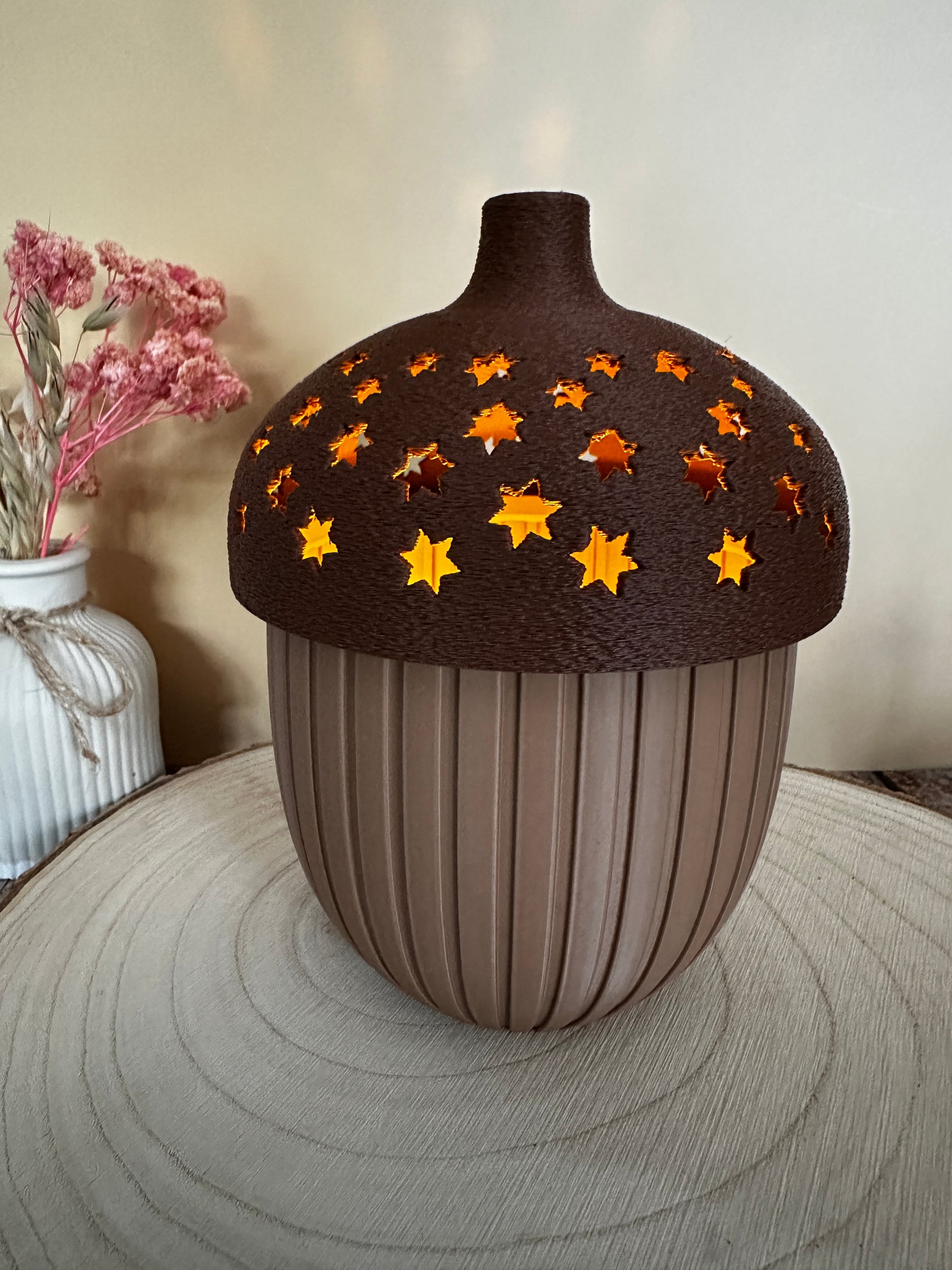 Herbstliche Eichel-Lampe mit Sternen – stimmungsvolle Deko mit LED-Licht