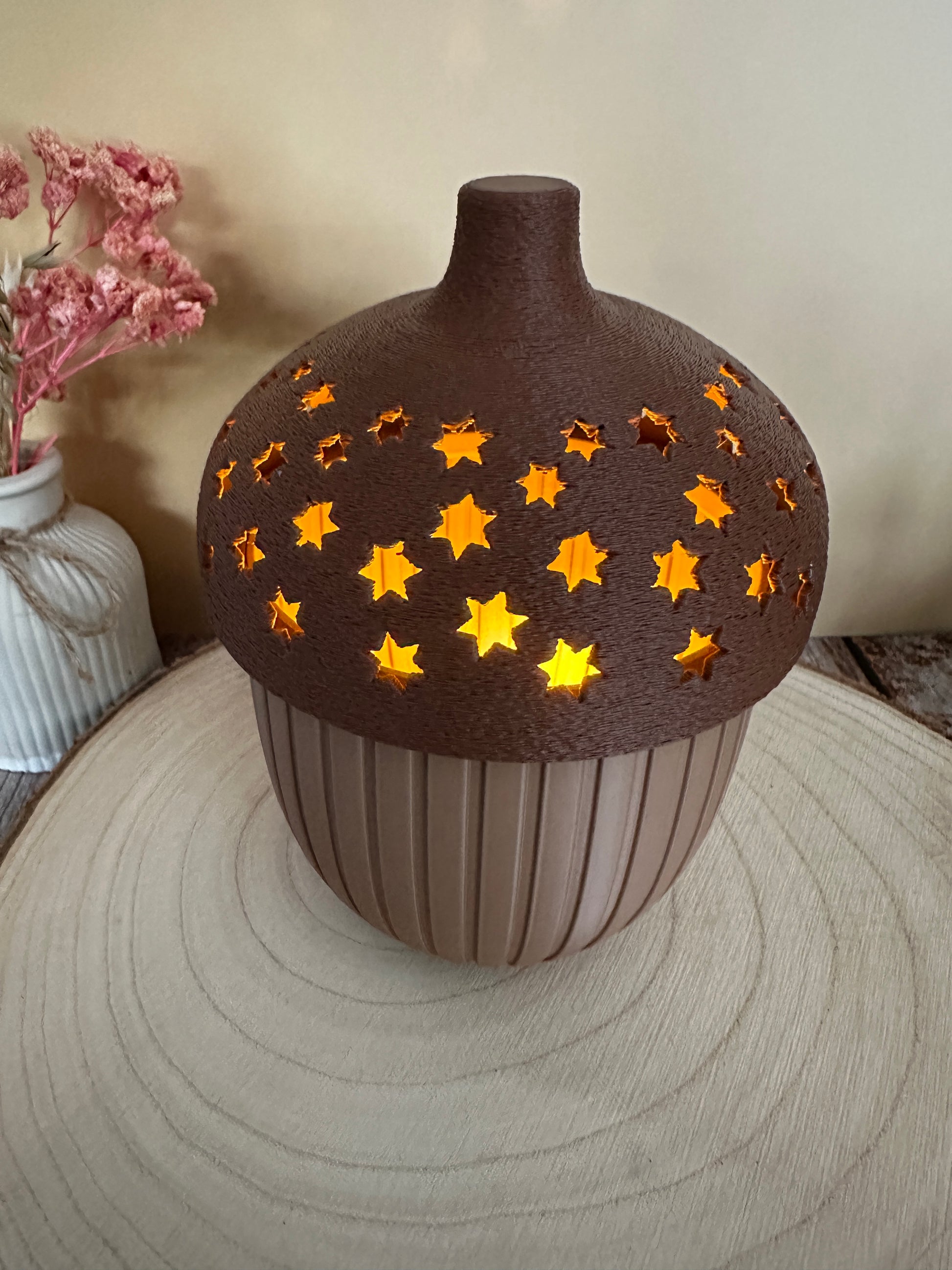 Herbstliche Eichel-Lampe mit Sternen – stimmungsvolle Deko mit LED-Licht