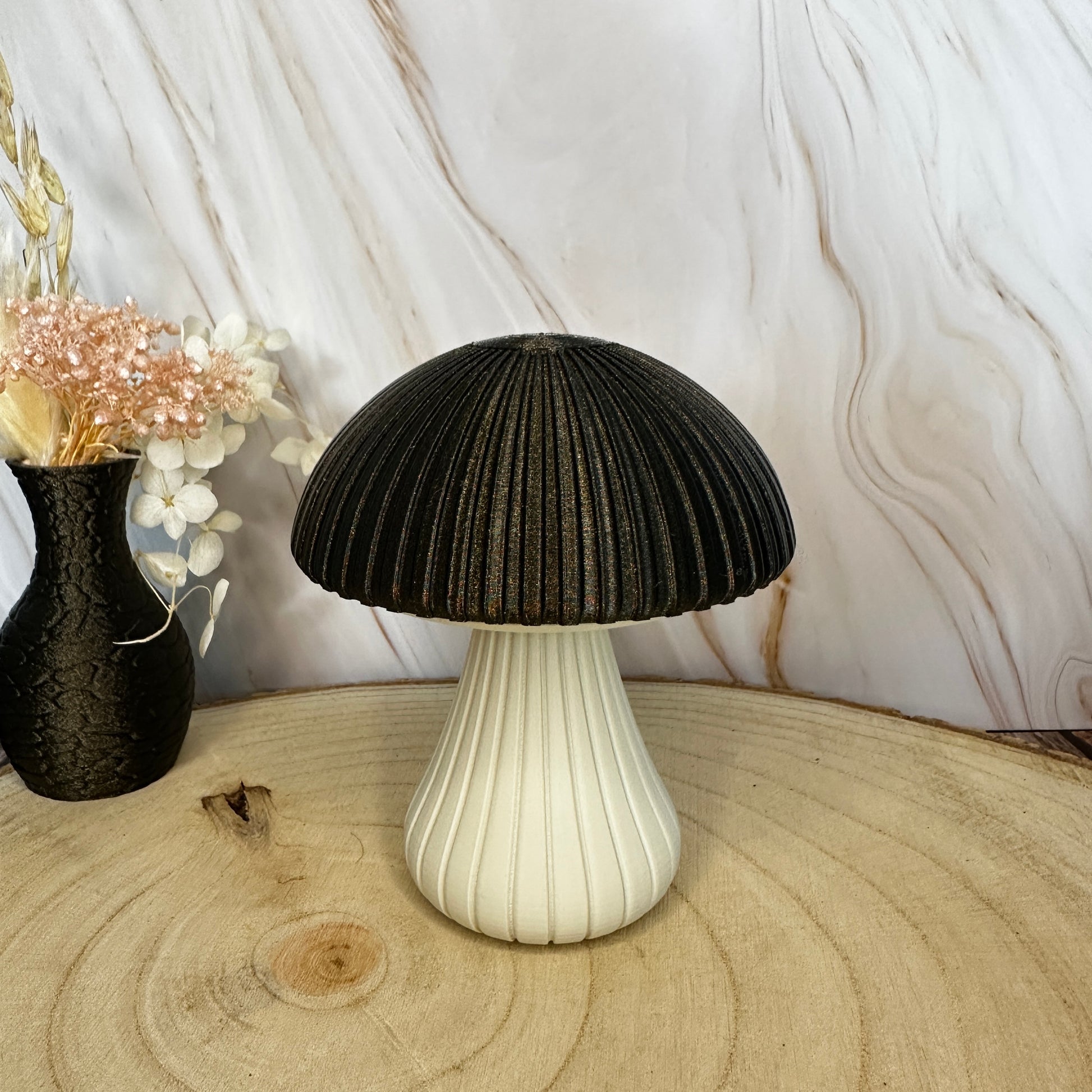 Decoratieve paddenstoel – Stijlvolle herfstdecoratie met gegroefde textuur | Middernachtgoud, bamboegroen of roze | Klein, groot of als duo