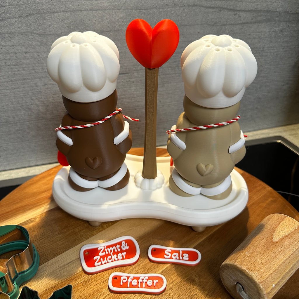 Peperkoekstrooier set "Kaneel &amp; Suiker" of "Zout &amp; Peper" – keuze uit verschillende hartkleuren, handgemaakt cadeau voor in de keuken en voor de kerst.