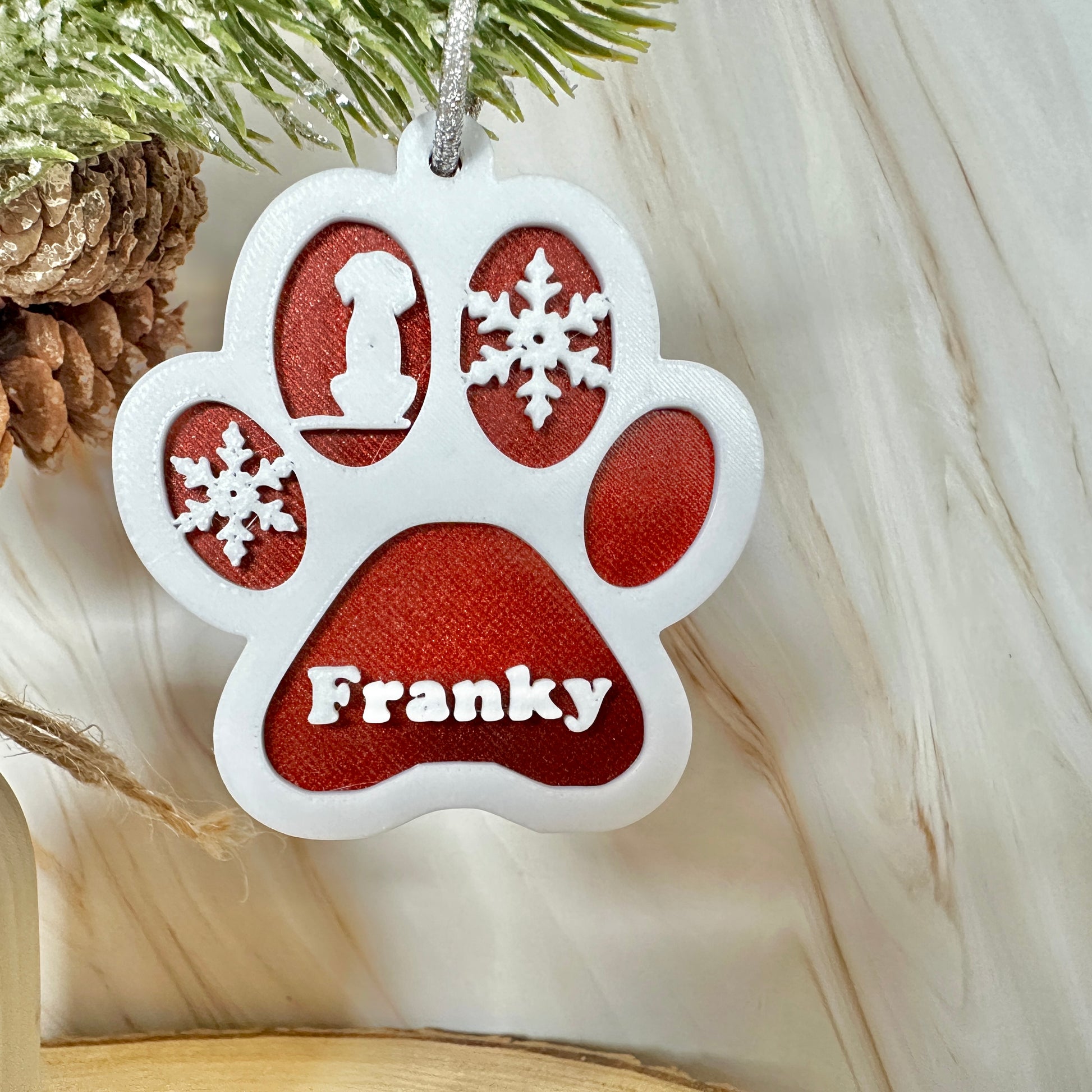 Gepersonaliseerd pootafdrukornament met naam – kerstboomversiering voor hondenliefhebbers