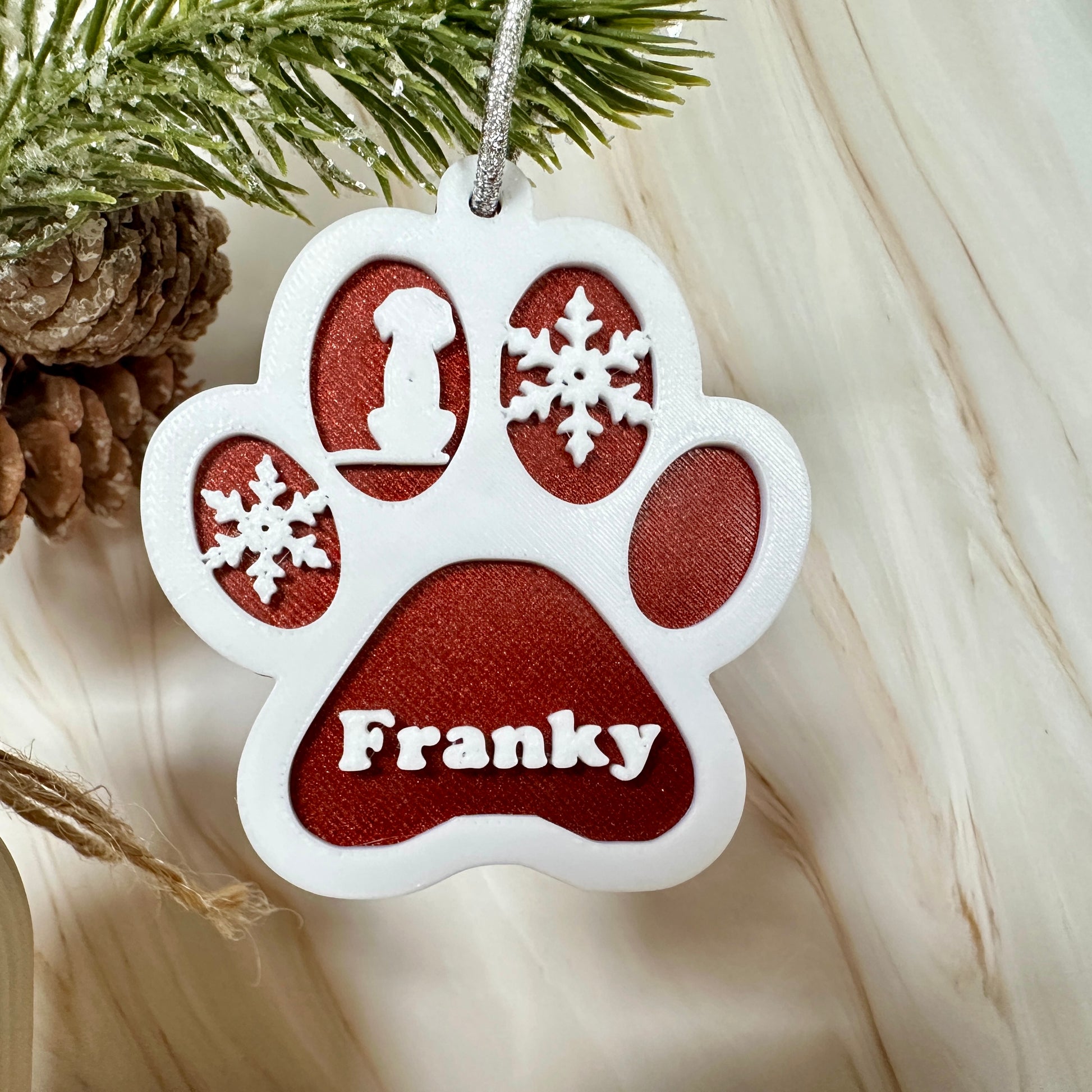 Gepersonaliseerd pootafdrukornament met naam – kerstboomversiering voor hondenliefhebbers