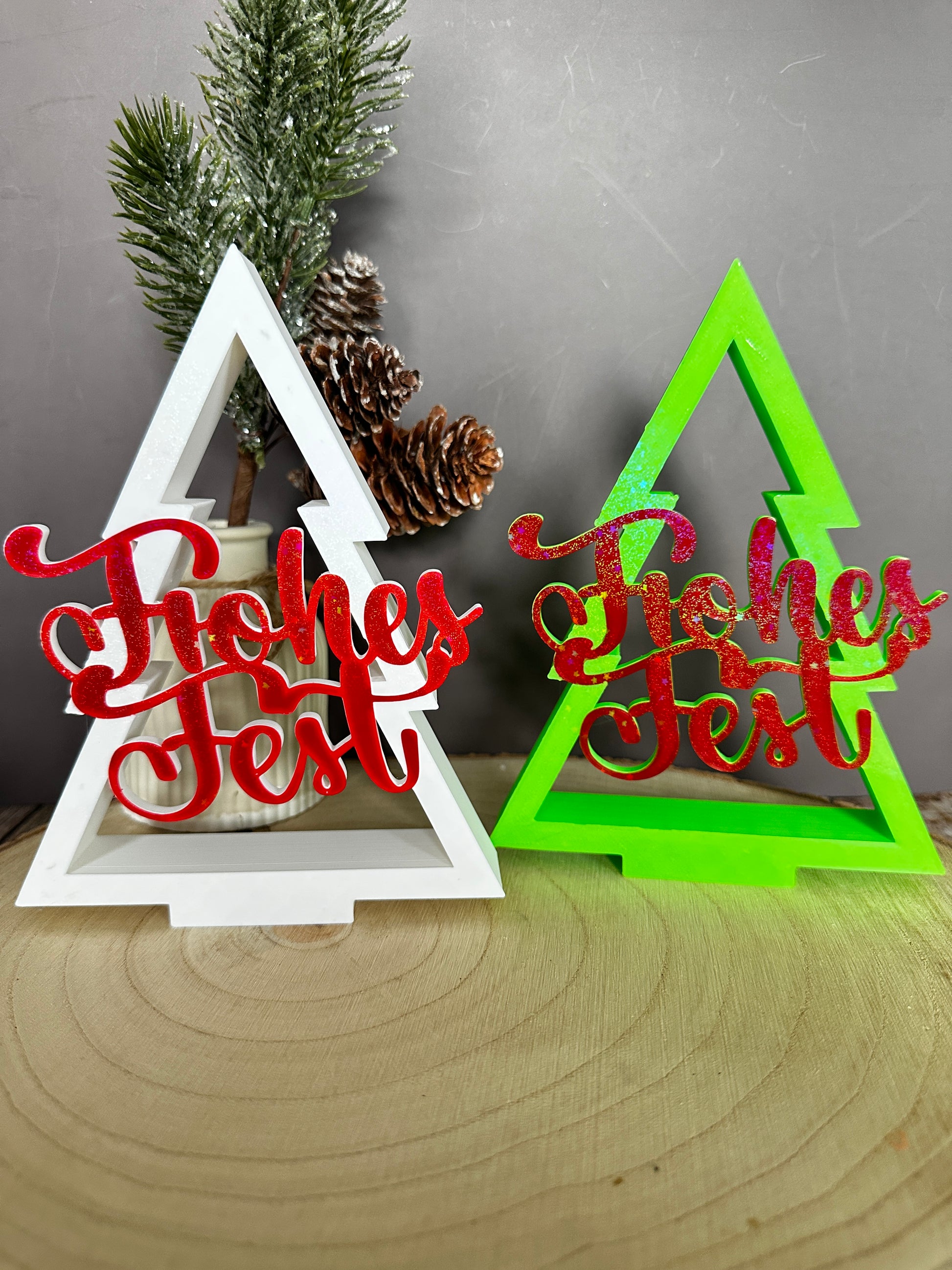 Kerstboomversieringsstandaard – Vrolijk Kerstmis of HoHoHo – glitterletters