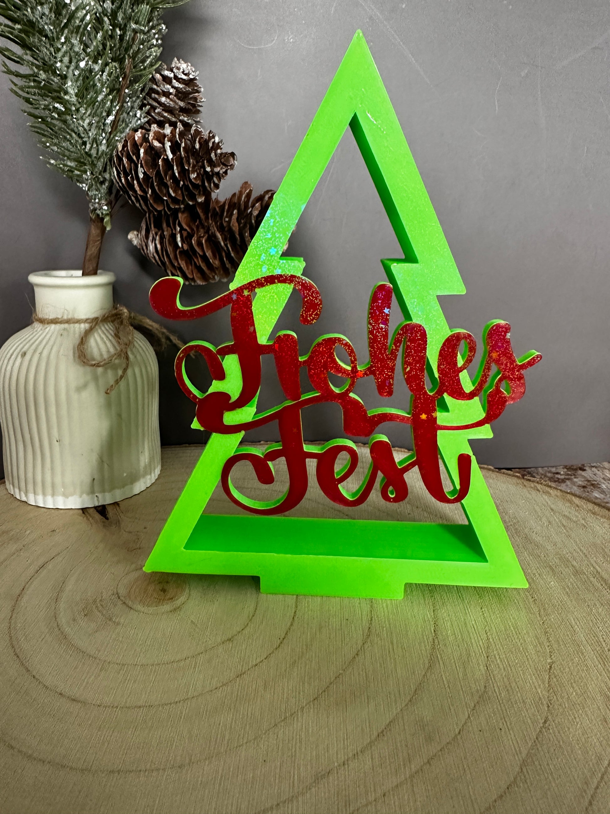Kerstboomversieringsstandaard – Vrolijk Kerstmis of HoHoHo – glitterletters