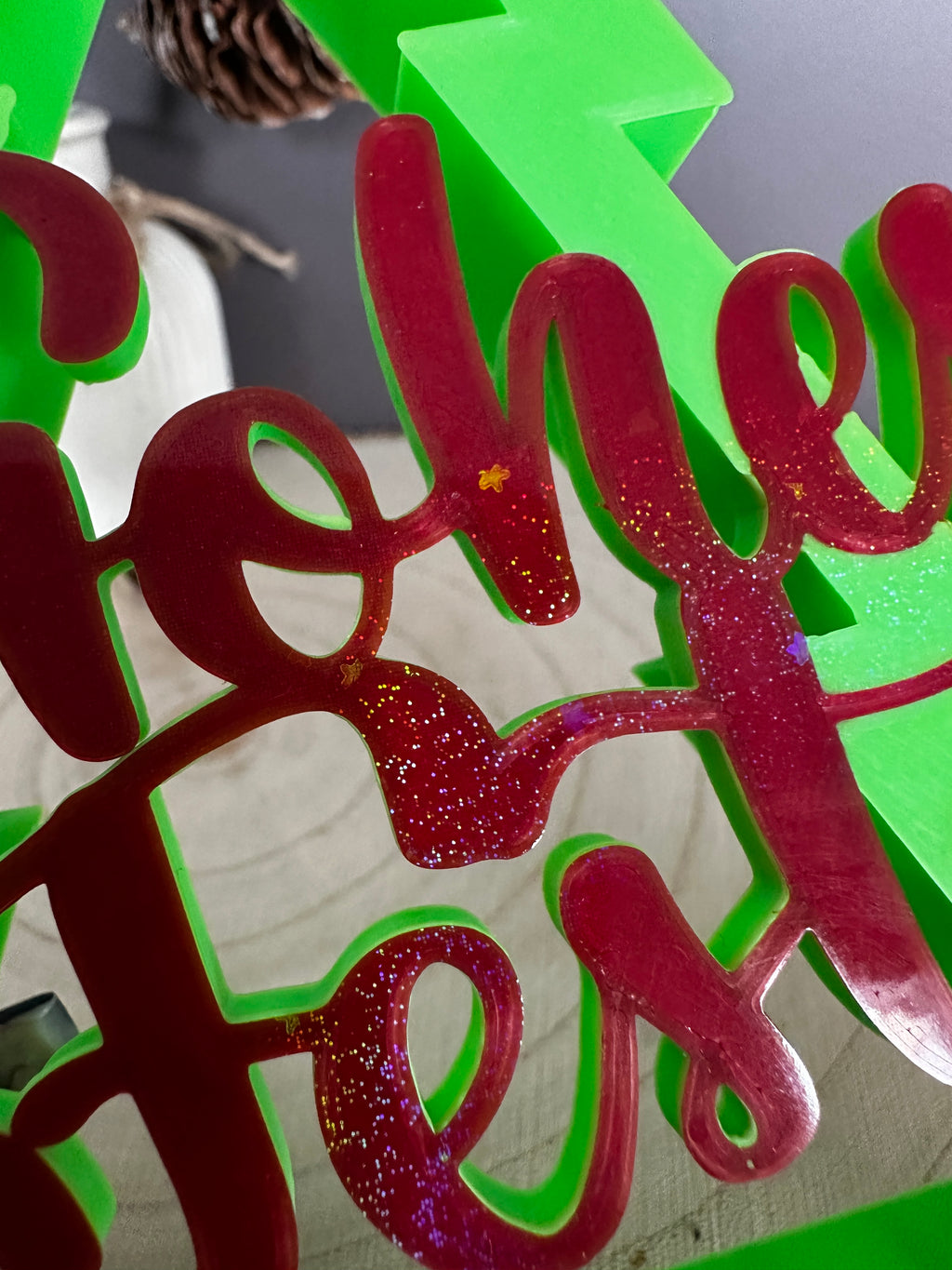 Kerstboomversieringsstandaard – Vrolijk Kerstmis of HoHoHo – glitterletters