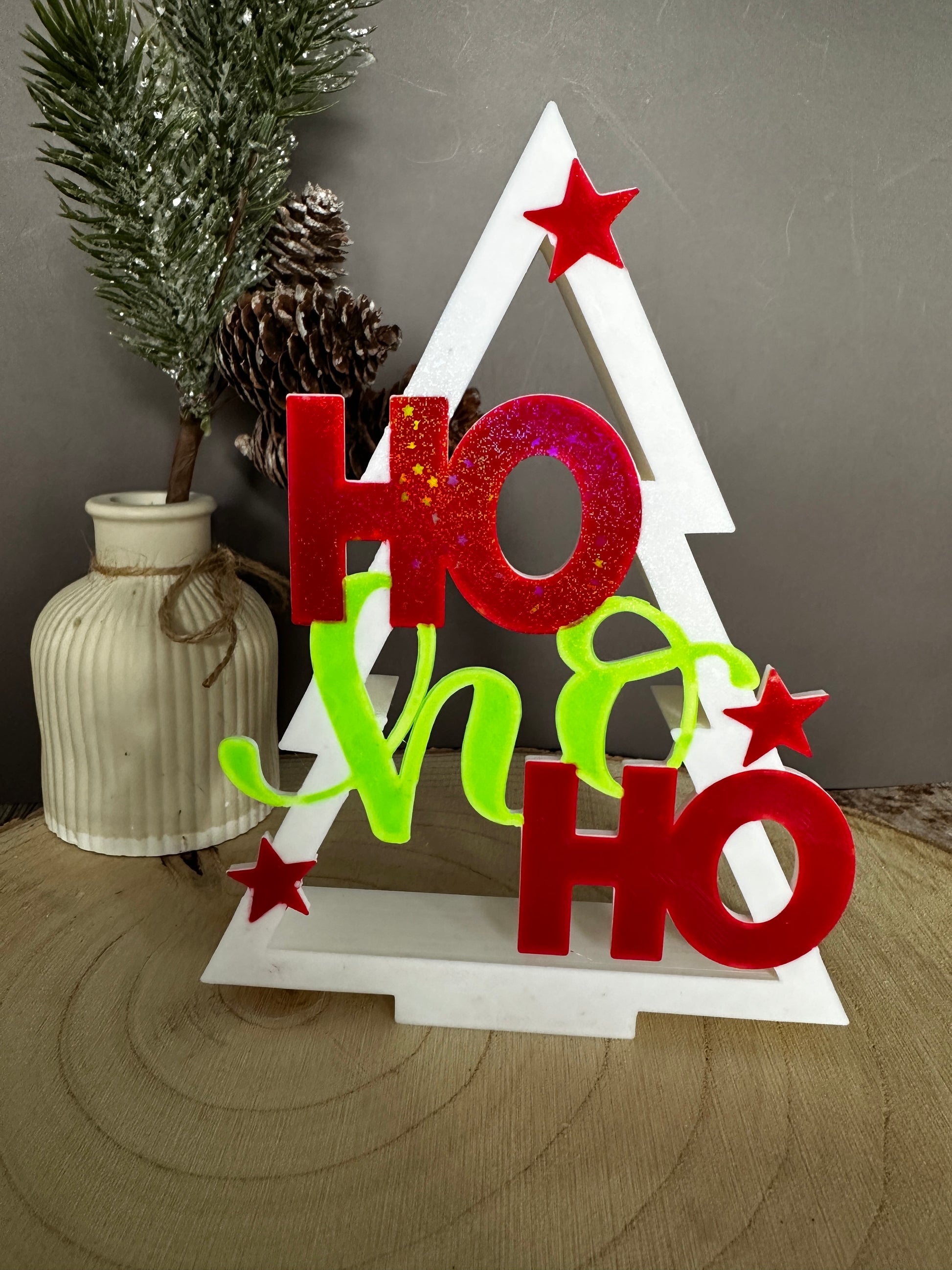 Kerstboomversieringsstandaard – Vrolijk Kerstmis of HoHoHo – glitterletters