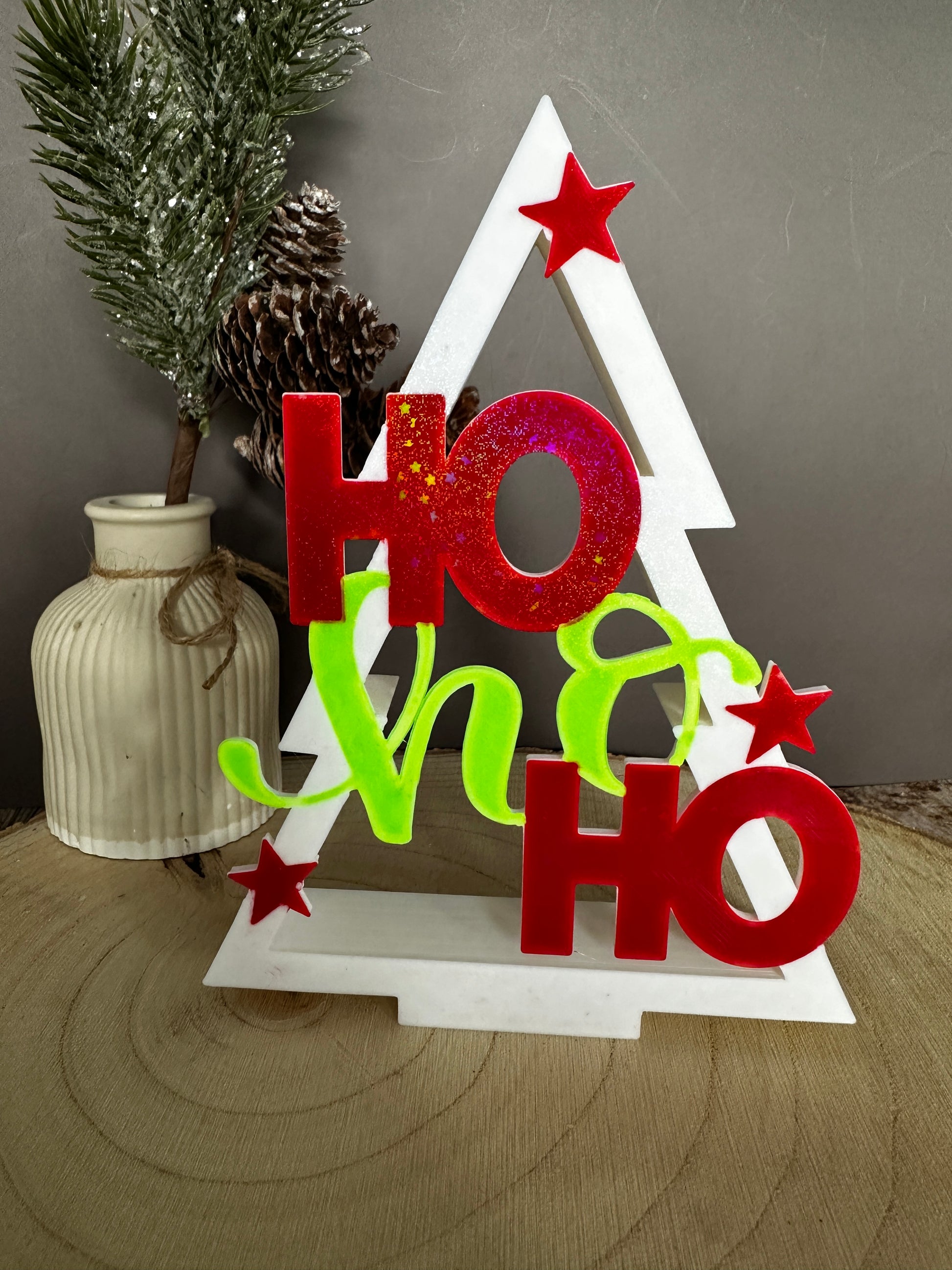 Kerstboomversieringsstandaard – Vrolijk Kerstmis of HoHoHo – glitterletters