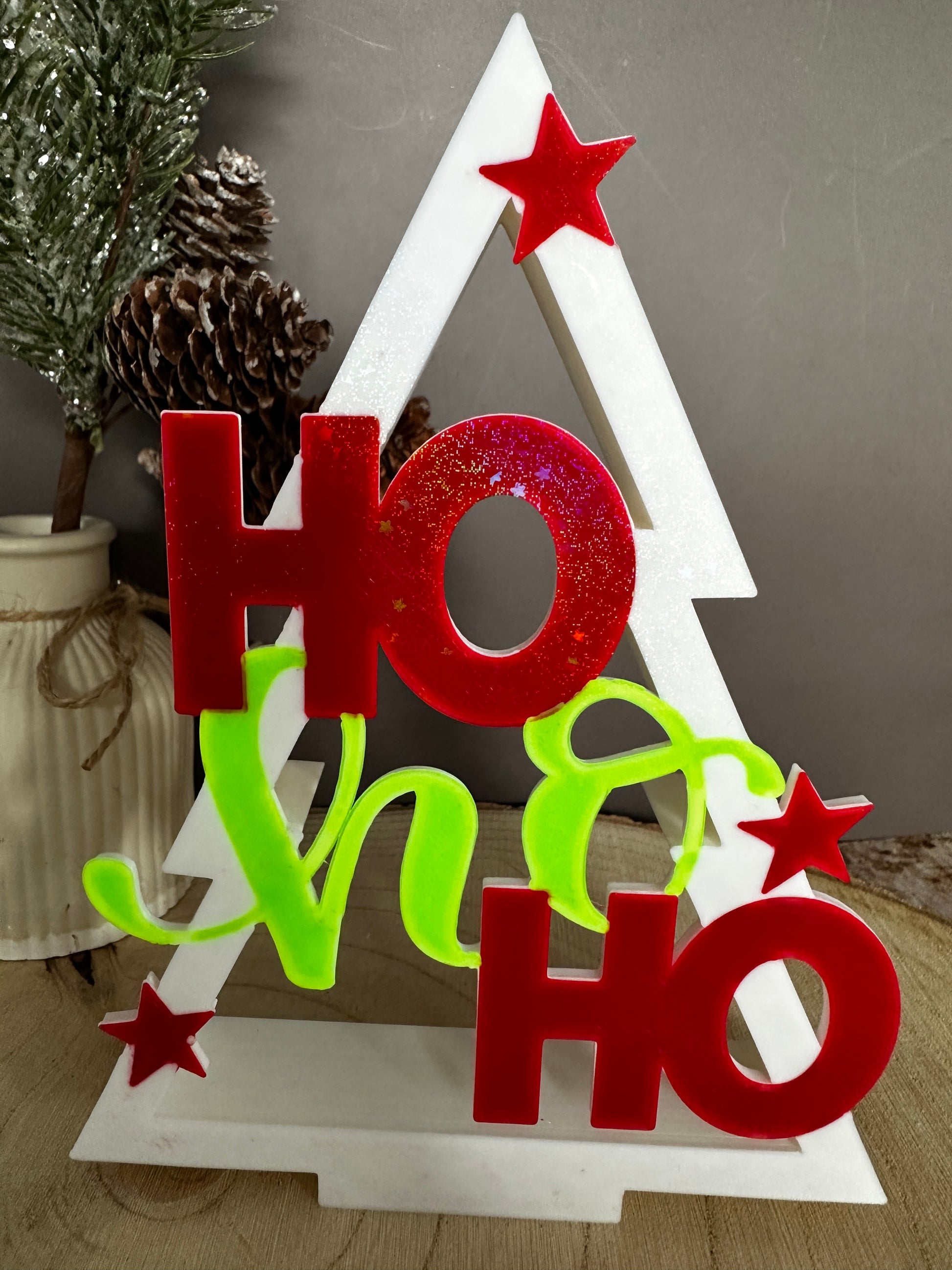 Kerstboomversieringsstandaard – Vrolijk Kerstmis of HoHoHo – glitterletters