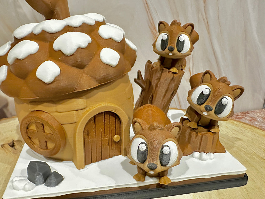 Winterse eekhoorndiorama – Notenhuisje in de sneeuw • Decoratie met bosdieren • Cadeau voor winterliefhebbers