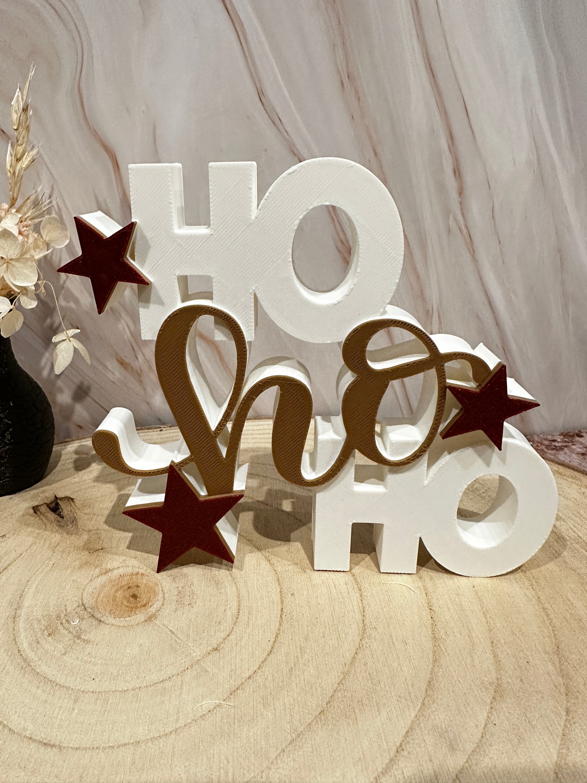 HO HO kerstdisplaystandaard – moderne kerstdecoratie met glittersterren in zwart of lichtbruin.