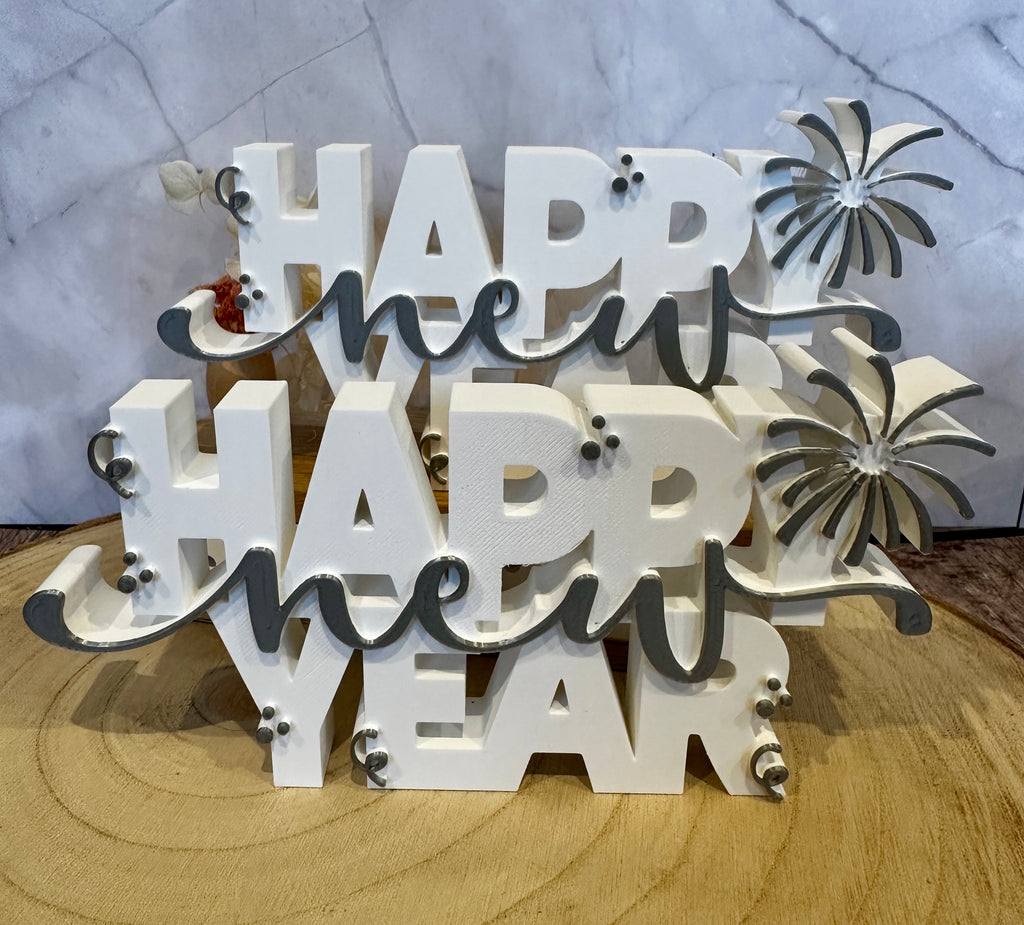 Decoratie voor een gelukkig nieuwjaar – Elegante letters in wit en zilver – Cadeau voor de jaarwisseling