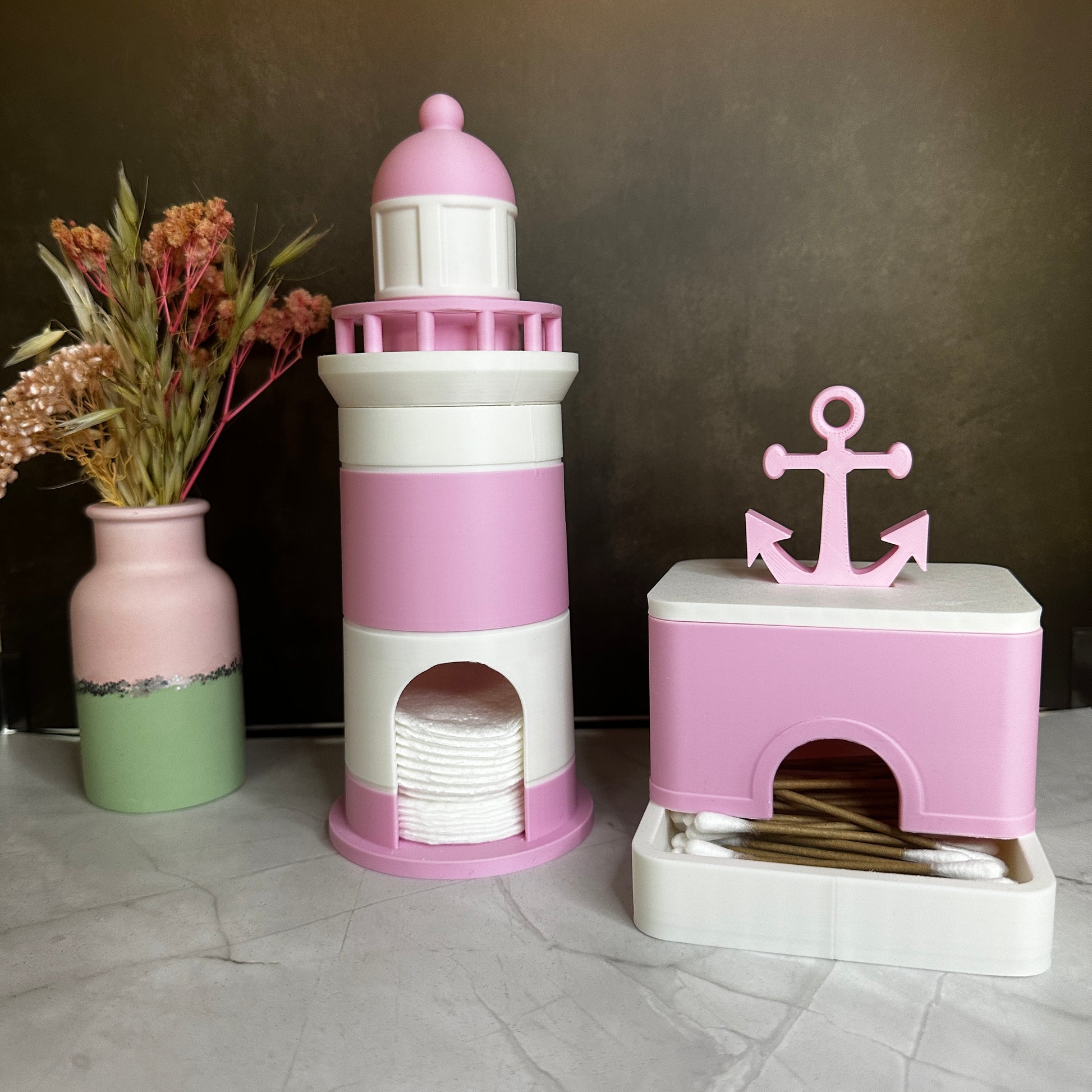 Nautische badkamerset – schip en vuurtoren in roze