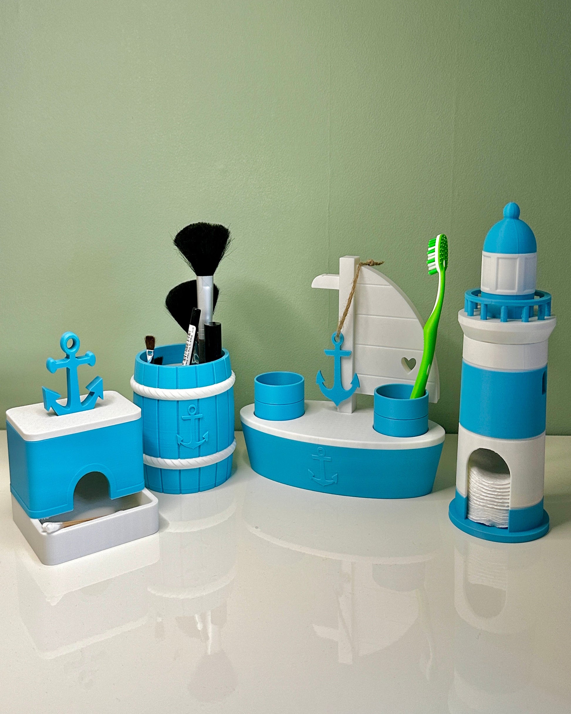 Nautische badkamerset – schip en vuurtoren in turquoise