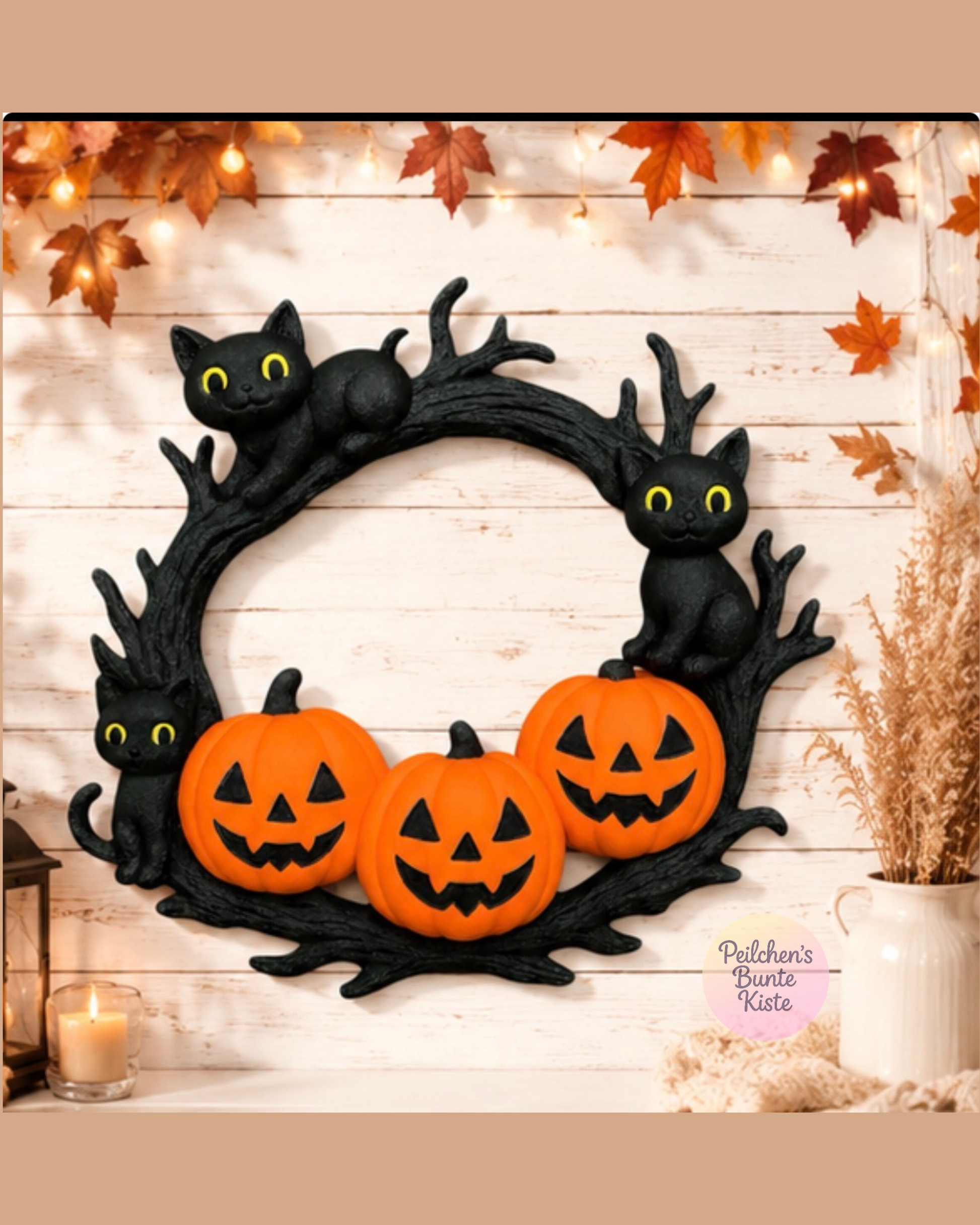 Halloween Katzenkranz mit Kürbissen – herbstliche Wanddeko