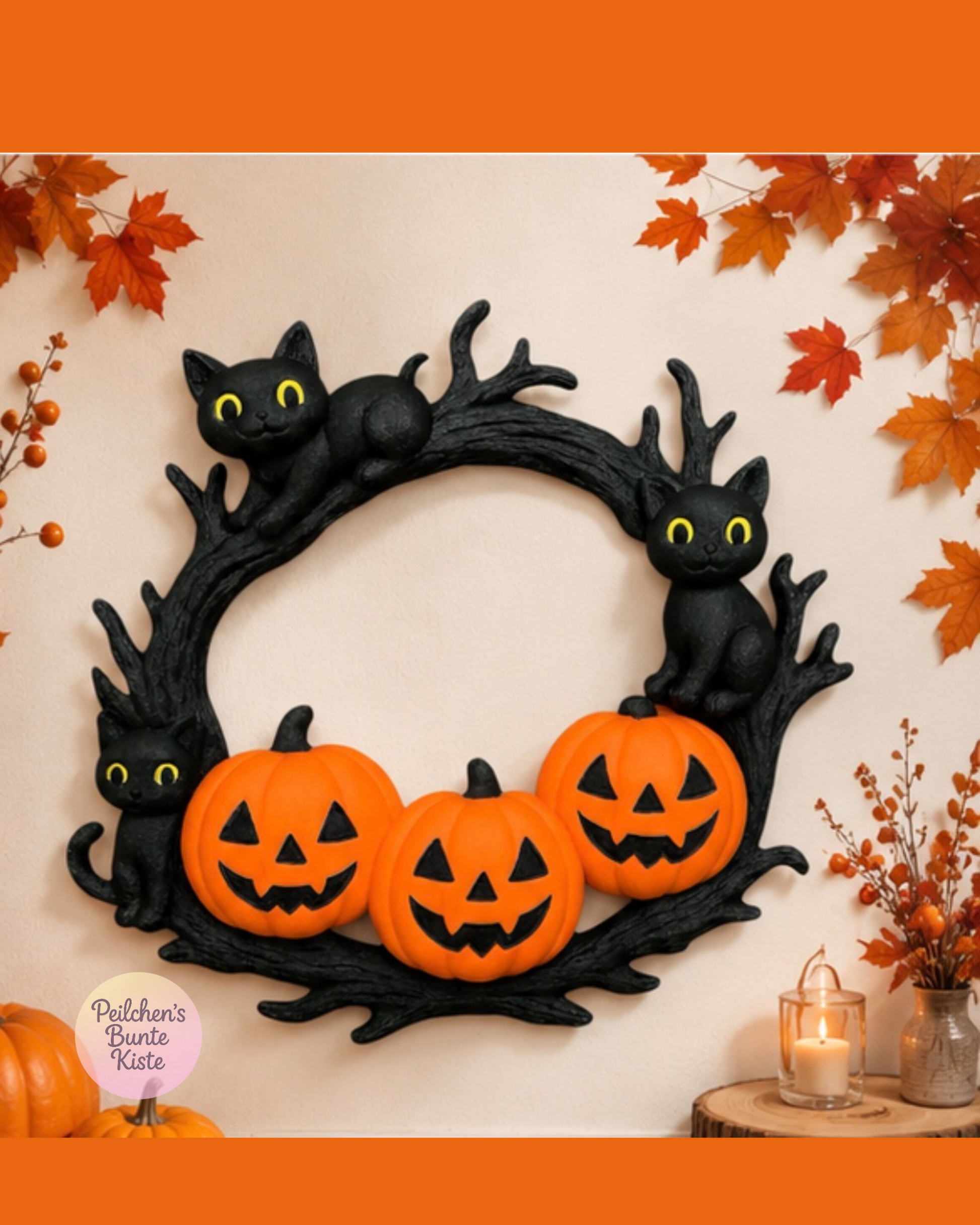 Halloween Katzenkranz mit Kürbissen – herbstliche Wanddeko