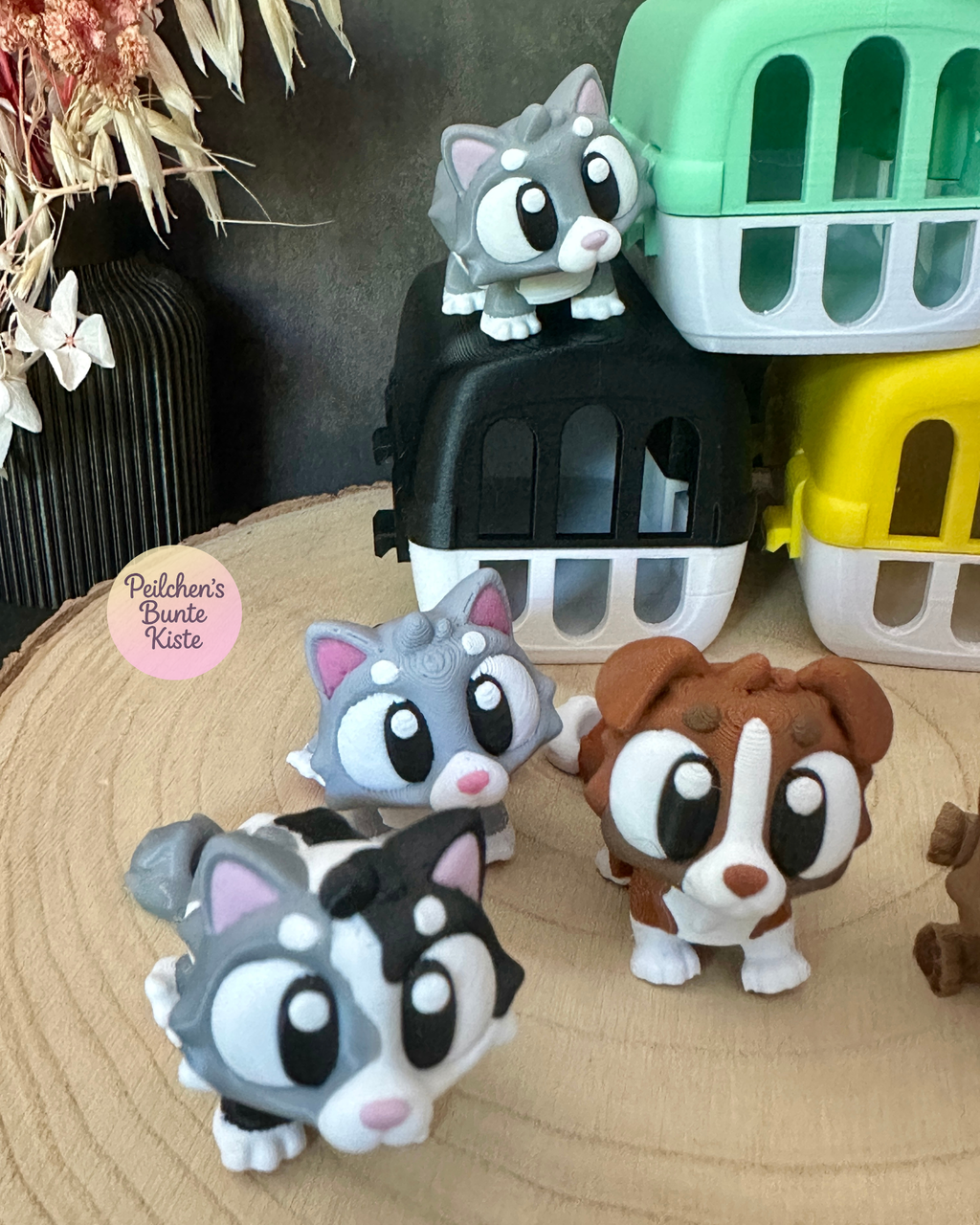 Bewegliche Tierfigur mit Tiertransportbox | Katze, Hund, Schildkröte & mehr