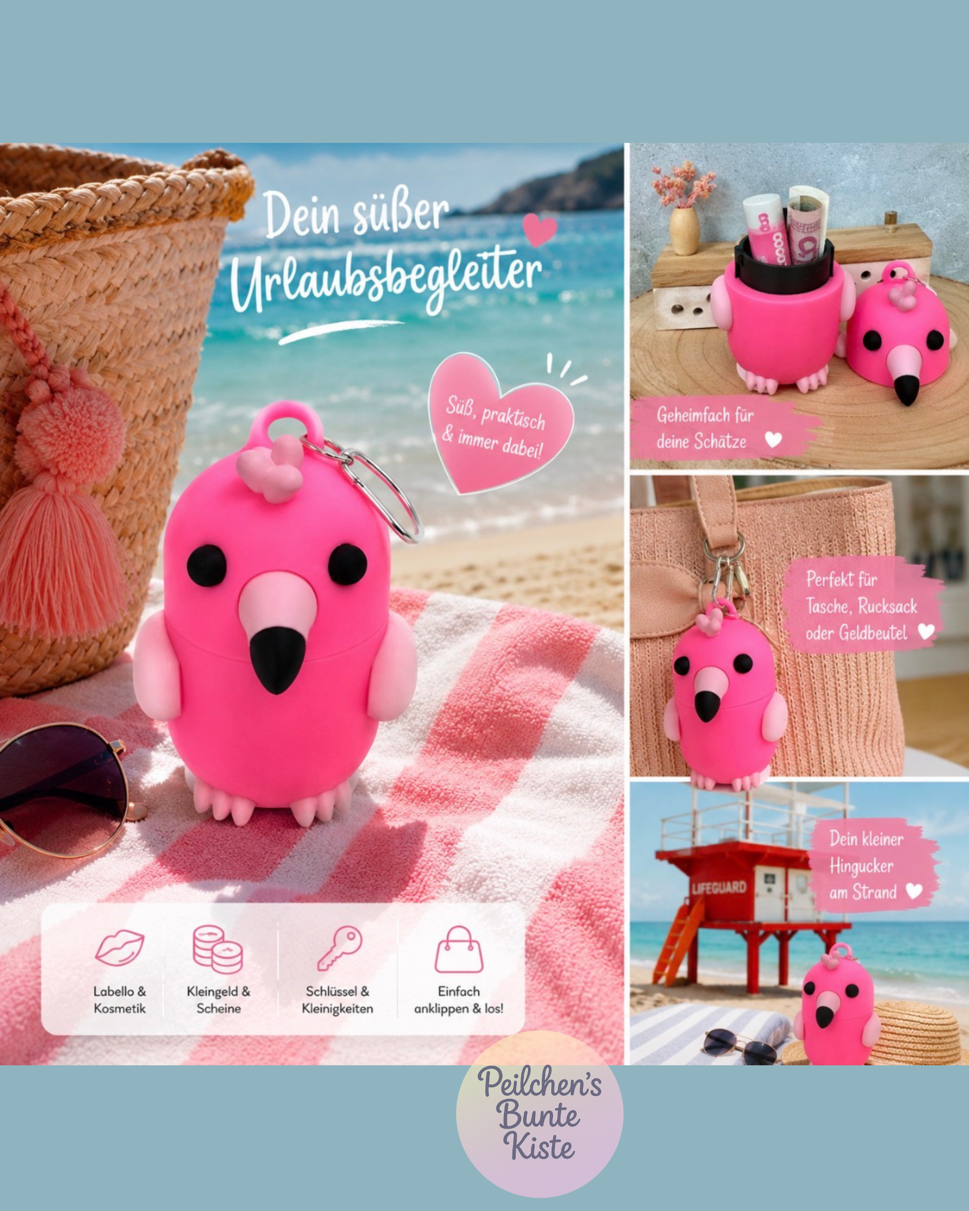 Flamingo Schlüsselanhänger mit Geheimfach – Versteck für Geld, Lippenpflege & kleine Schätze