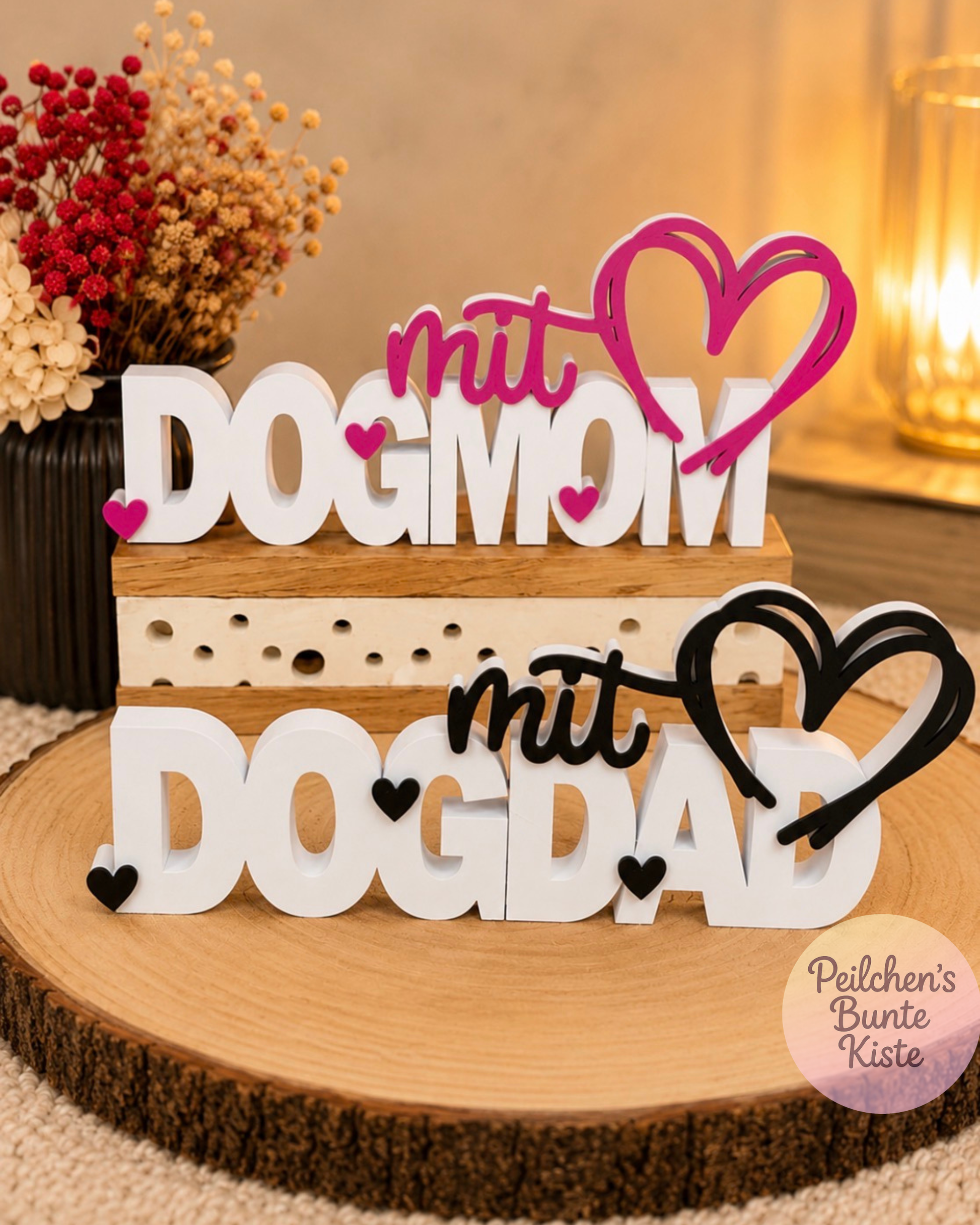 DOG MOM & DOG DAD Aufsteller mit Herz – Hunde Deko für Frauchen & Herrchen