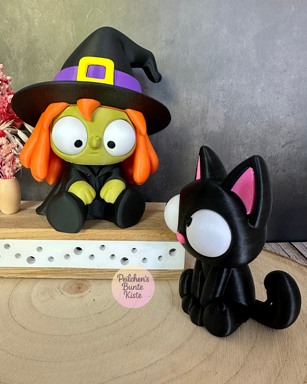Lustige Hexe & schwarze Katze mit beweglichen Augen – Halloween Deko