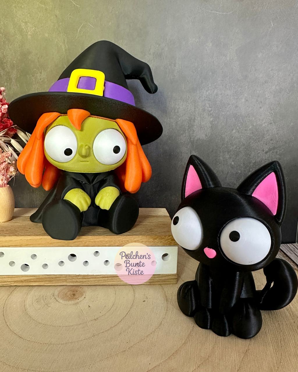 Lustige Hexe & schwarze Katze mit beweglichen Augen – Halloween Deko