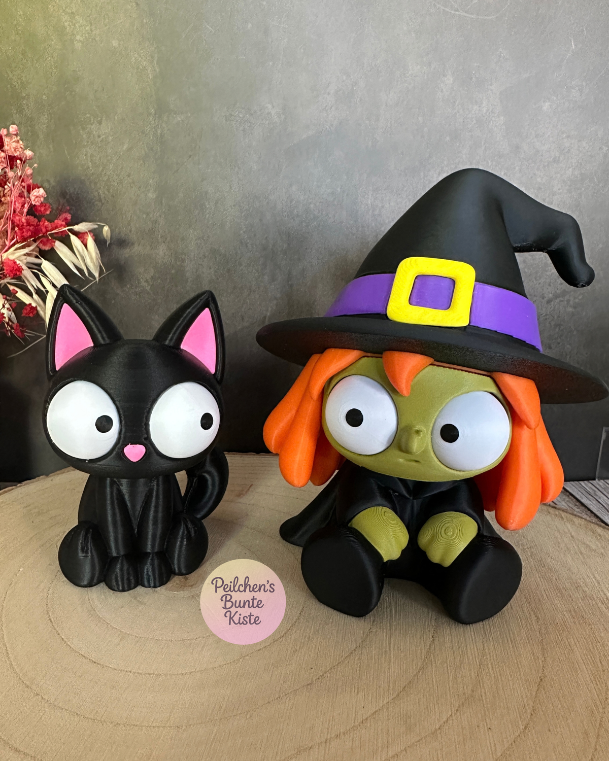 Lustige Hexe & schwarze Katze mit beweglichen Augen – Halloween Deko