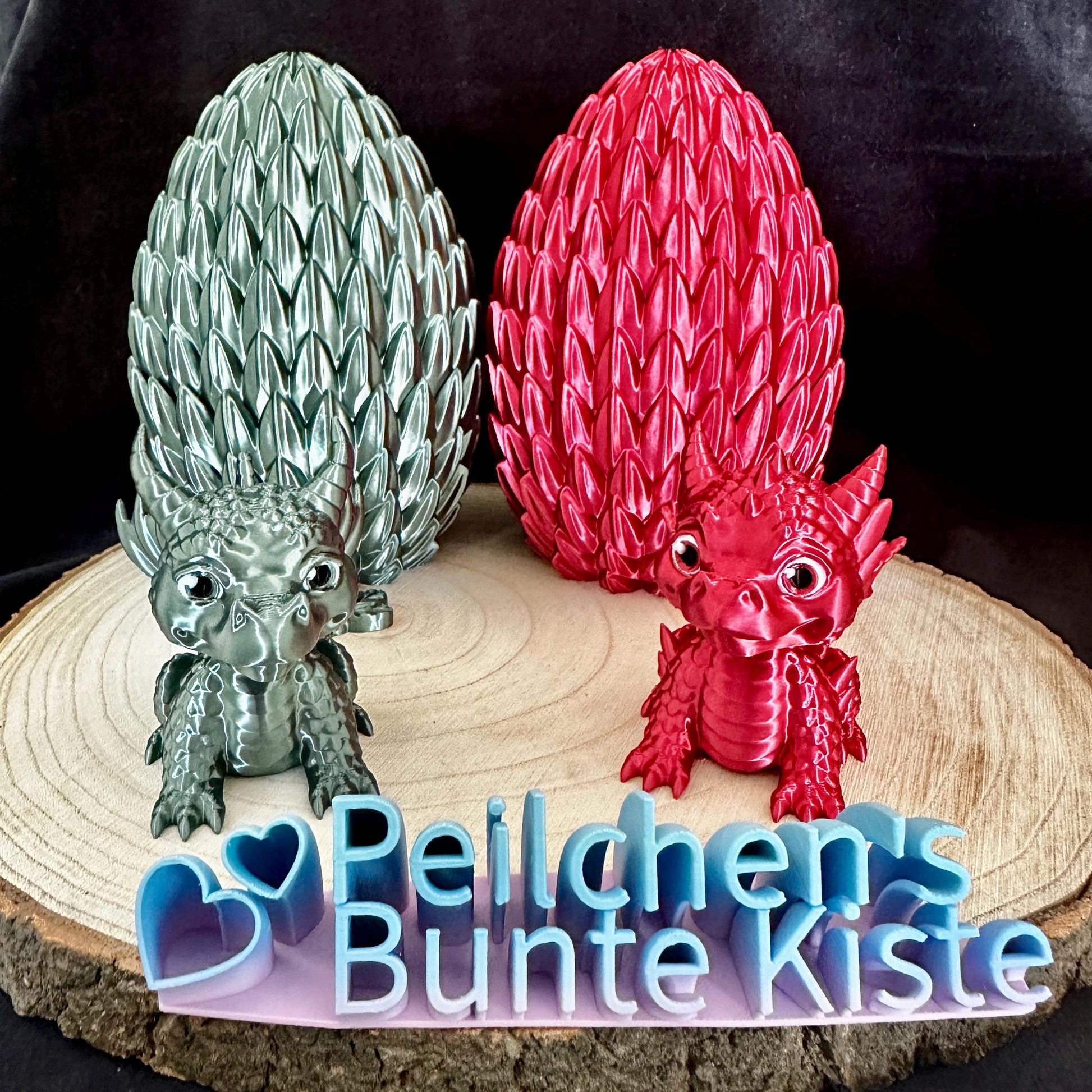 3D‑gedruckter Baby-Drache im Ei – beweglicher Kopf & Schwanz | Grün, Gold, Rot, Schwarz | Unikat Deko u.Geschenkidee